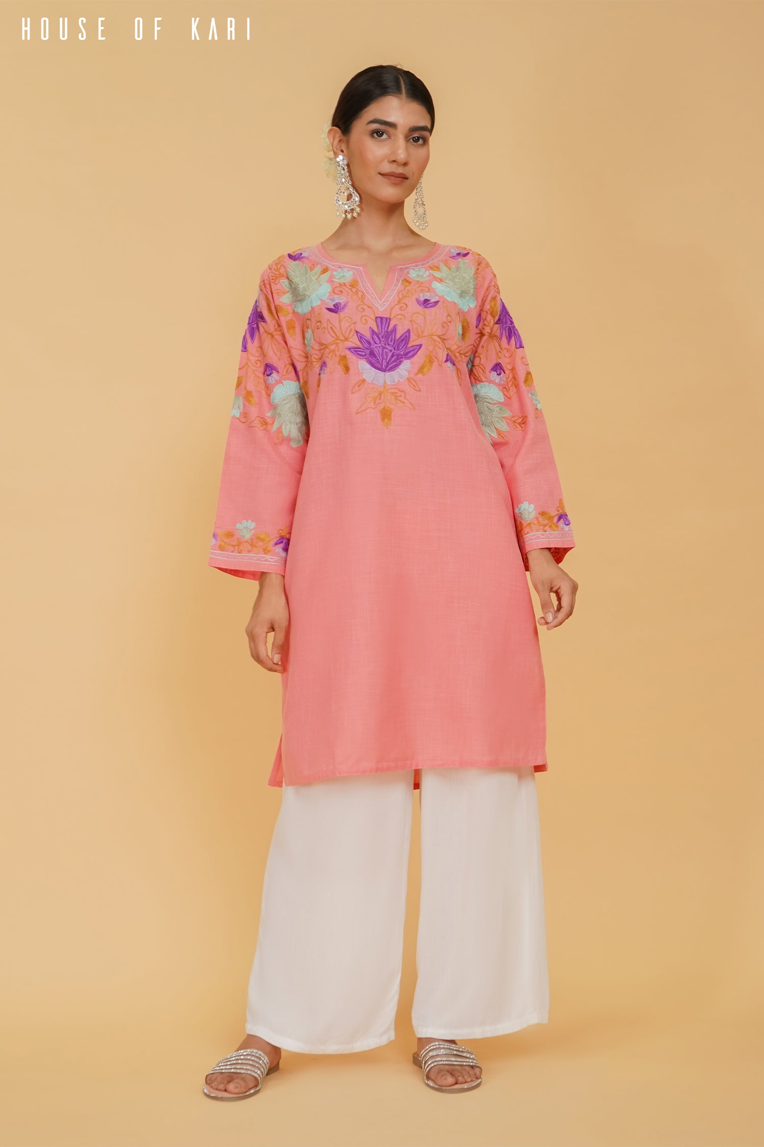 Kashmiri Aari Work Cotton Medium Kurta for Women - Peach Color Traditional Embroidered Tunic - Perfect for Festivals, Weddings & Ethnic Occasions
