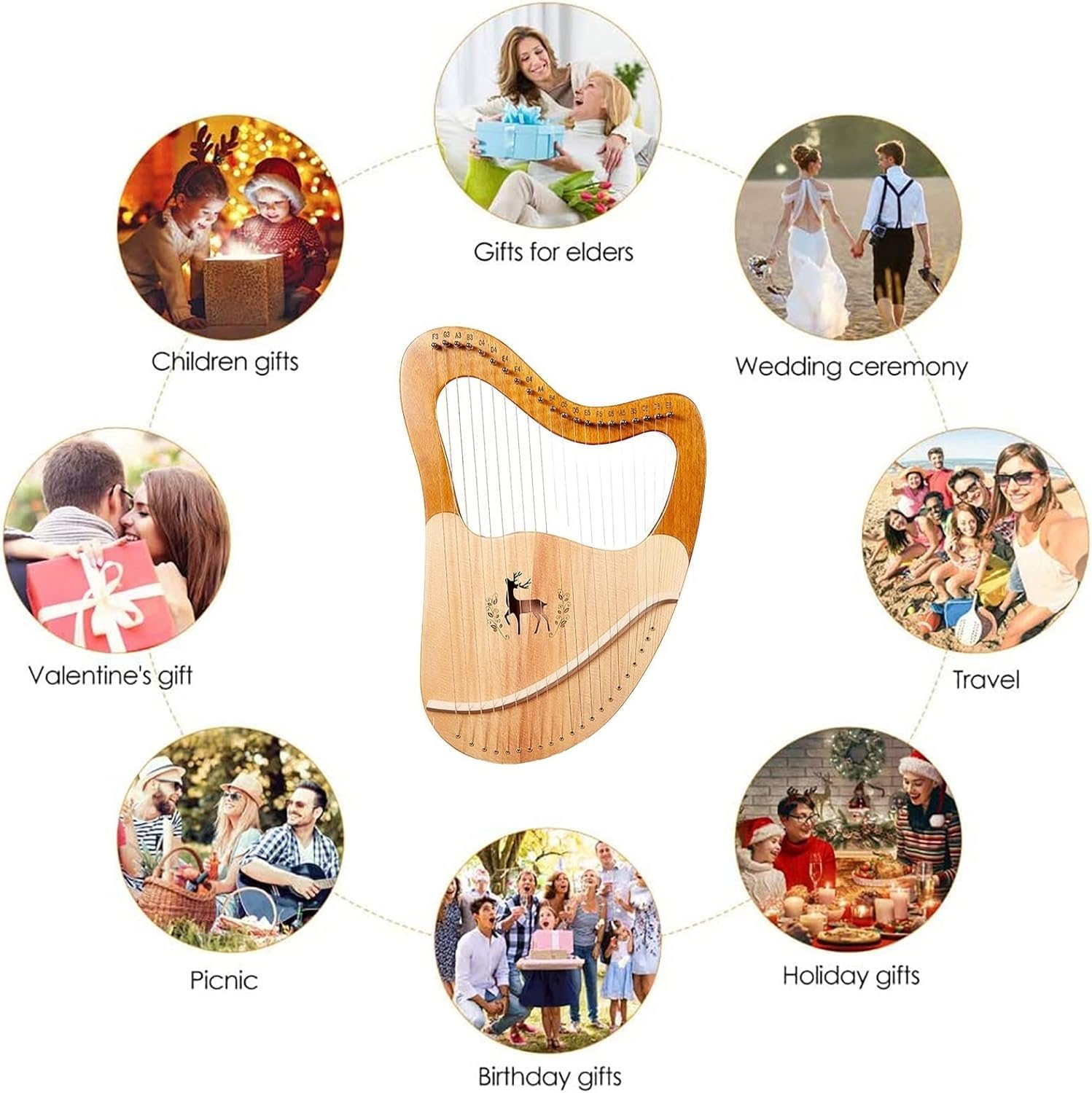 32 String Lyre Harp Mahogany Wood Musical Instrument with EVA Carry Bag, Tuning Key & Spare Strings - Perfect for Beginners, Kids & Music Lovers - Home Decor, Meditation, Gift Idea, Music Therapy & Celtic Performances