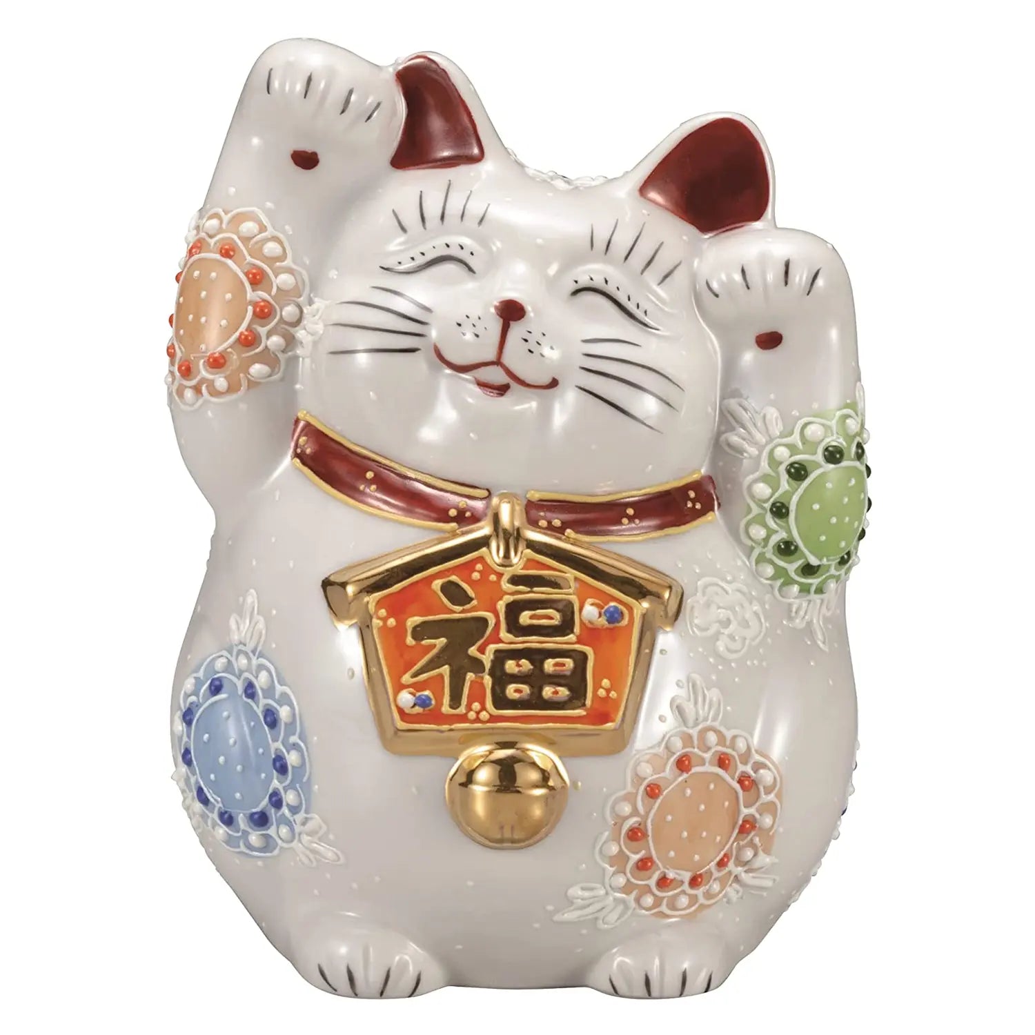 Authentic Kutani Ware Porcelain Maneki Neko Lucky Cat Figurine - White, 4.5 Inches - Japanese Good Luck Charm for Home & Office Decor