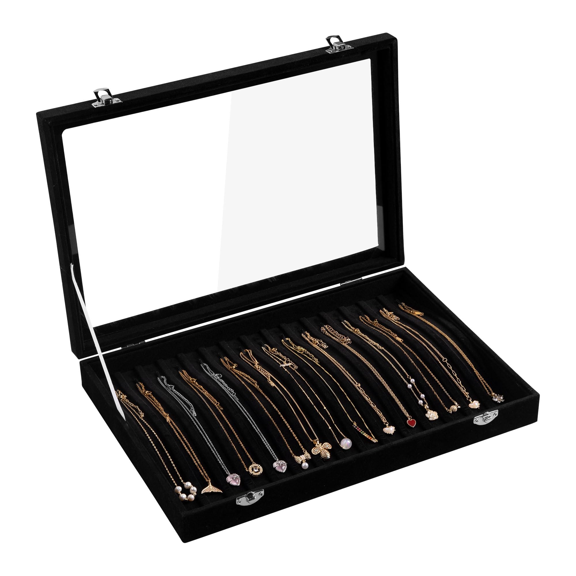 Frebeauty 15-Hook Velvet Necklace Organizer with Clear Lockable Lid - Jewelry Storage Box for Pendants, Chains & Necklaces - Perfect for Women & Girls (Black) | Ideal for Travel, Home Decor & Gift Giving