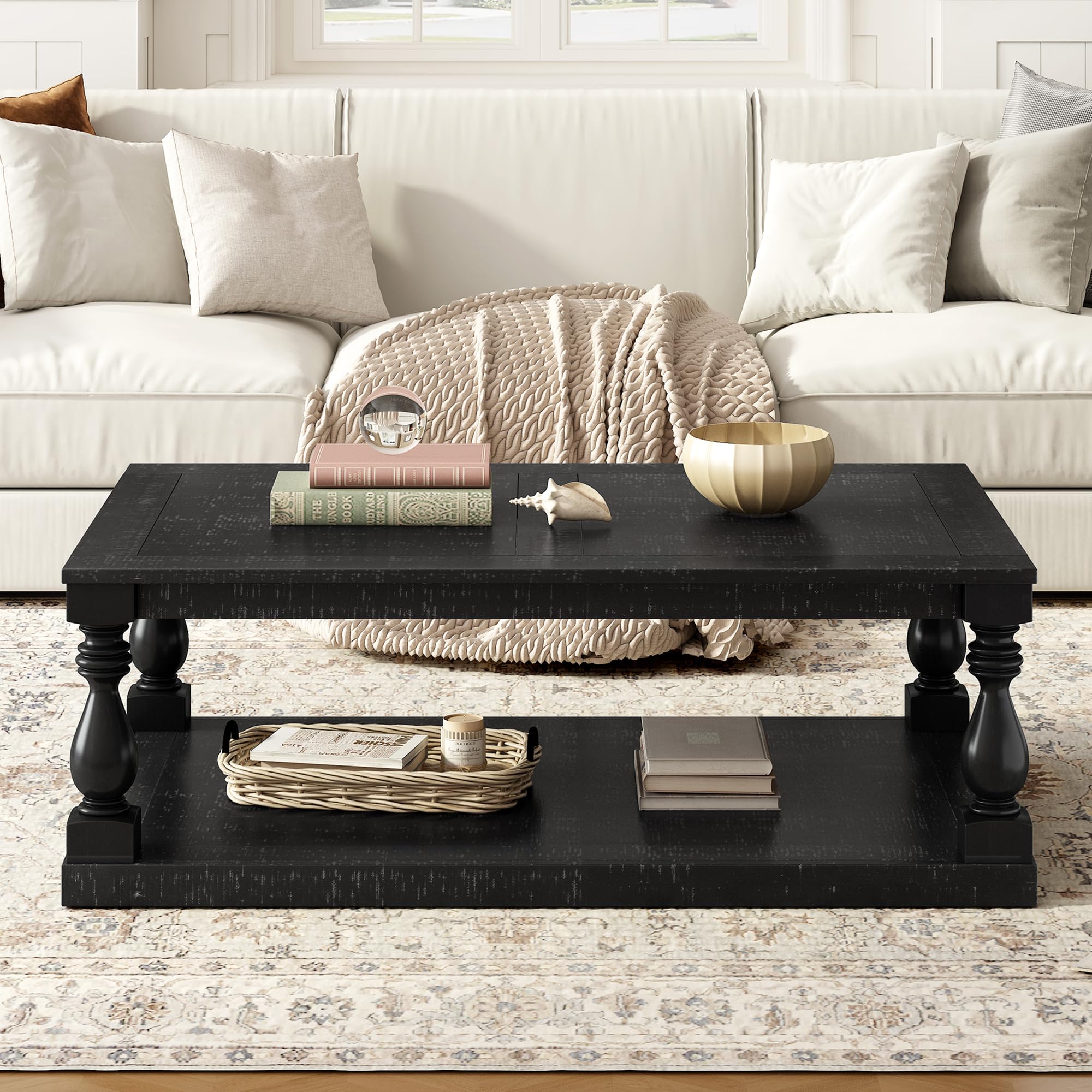 Modern Wooden Coffee Table with Storage - P PURLOVE Black Living Room Center Table for Home & Office | Durable Home Furniture for Living Room, Reception & Lounge Areas