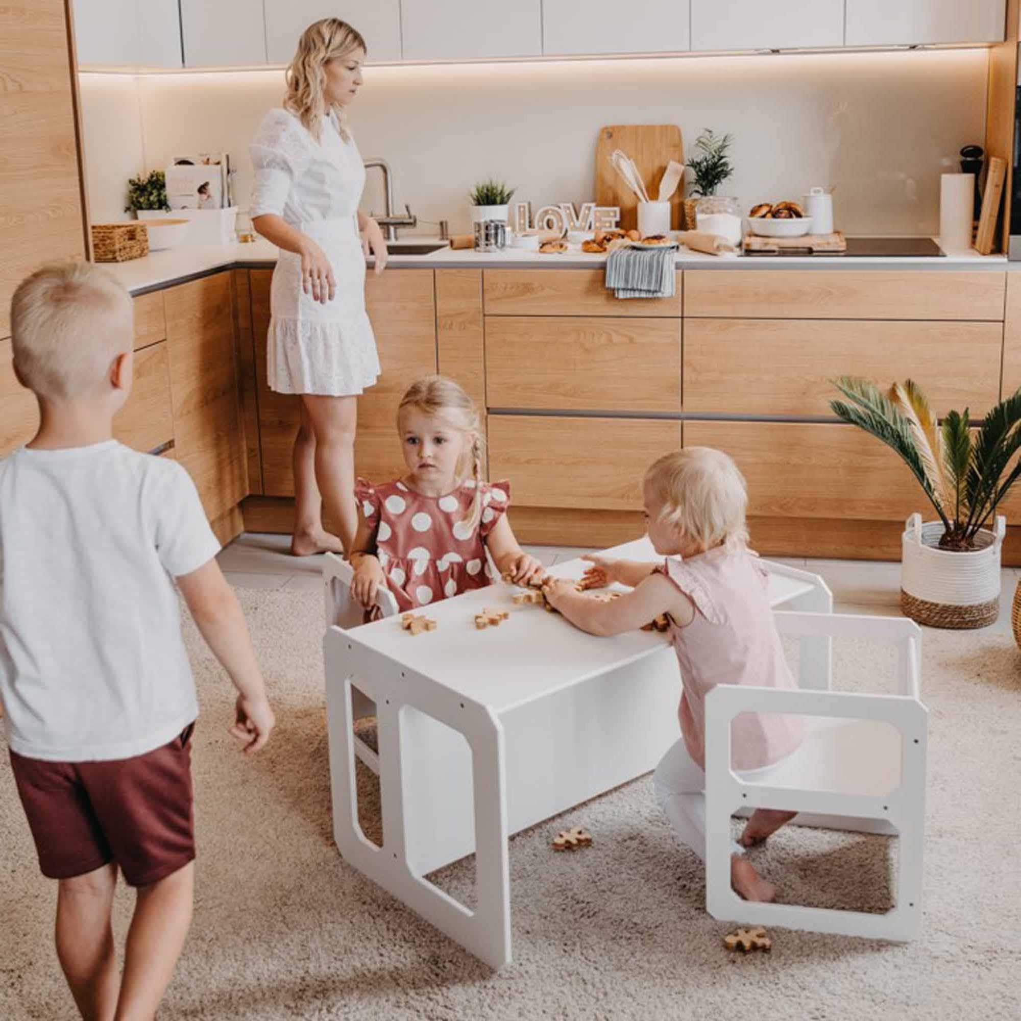 Montessori Wooden Kids Play Table and Chair Set - White Toddler Learning Table for Preschool, Daycare & Home - Includes 1 Table & 2 Chairs for Reading, Arts & Crafts, Snack Time