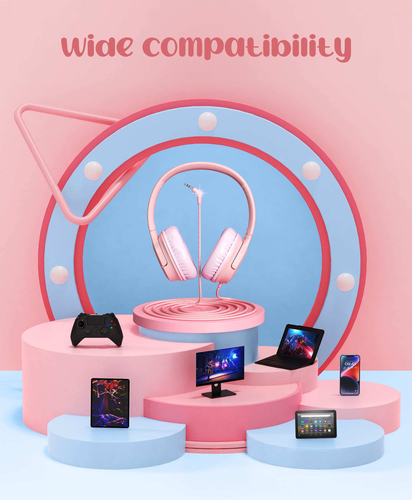 DyBaxa Kids Headphones with Volume Limiter (94dB) - Foldable Lightweight Over-Ear Wired Headset for School, Online Learning & Travel - Safe Hearing Protection for Children - 3.5mm Jack - Pink | Perfect for Classroom, Homeschooling, Airplane & Tablet Use