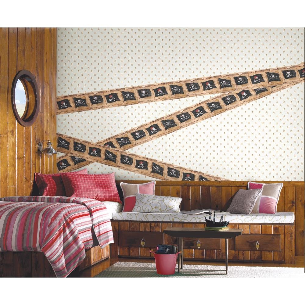 York Wallcoverings Brothers and Sisters Pirate Flag Border - Grey, Dark Blue, White, Red | Nautical Kids Room Decor | Perfect for Nursery, Playroom & Pirate Themed Bedrooms