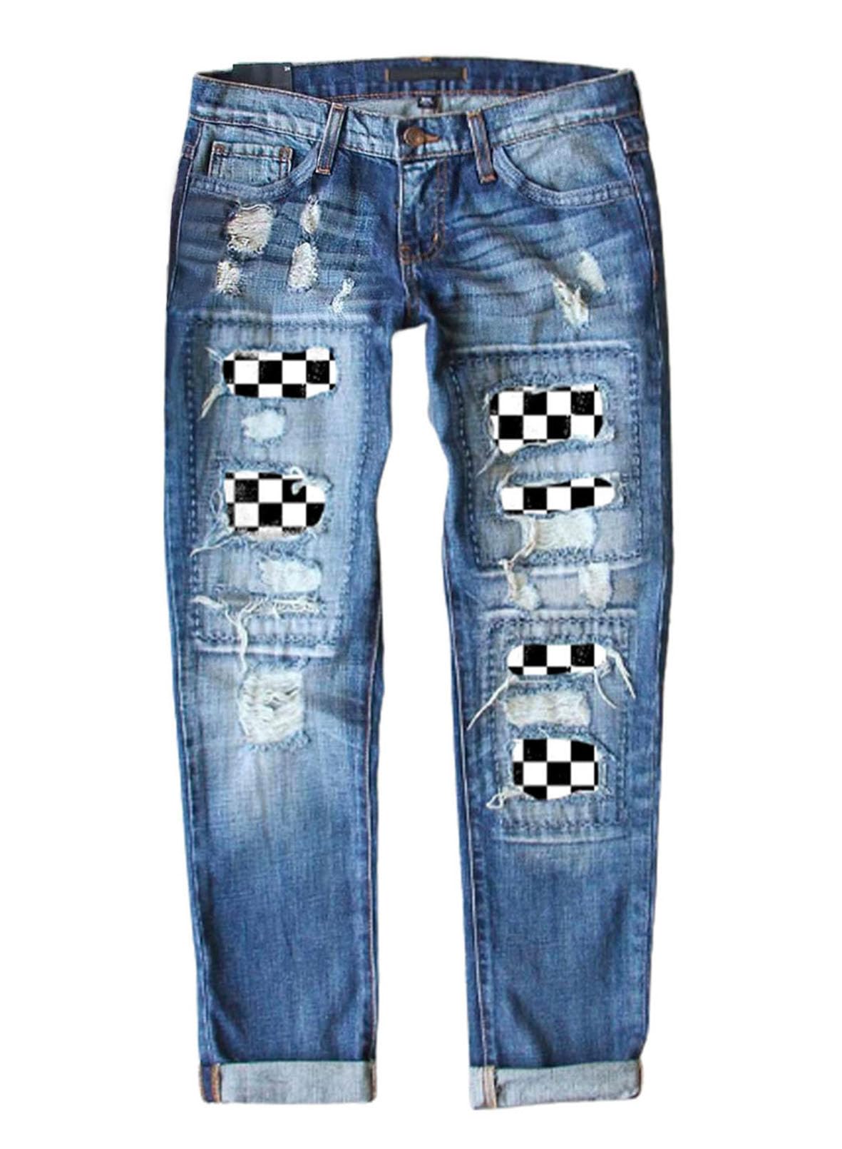 EVALESS Women's Ripped Boyfriend Jeans - Distressed Skinny Denim Pants with Plaid Patch Design | Casual Streetwear & Everyday Fashion Outfits
