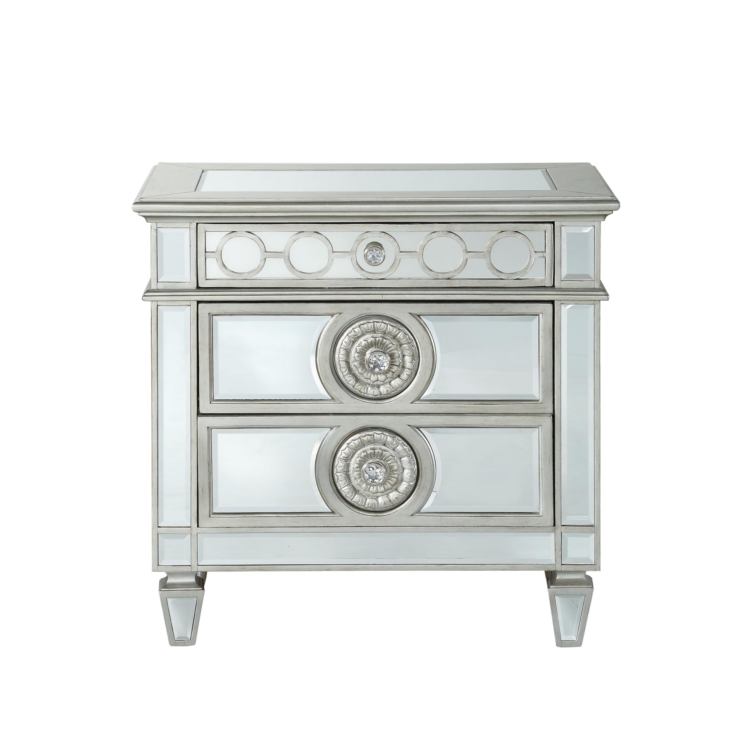 Benjara Silver Accent Wooden Nightstand with 3 Storage Drawers - Modern Bedroom Furniture for Master Bedroom, Guest Room or Apartment