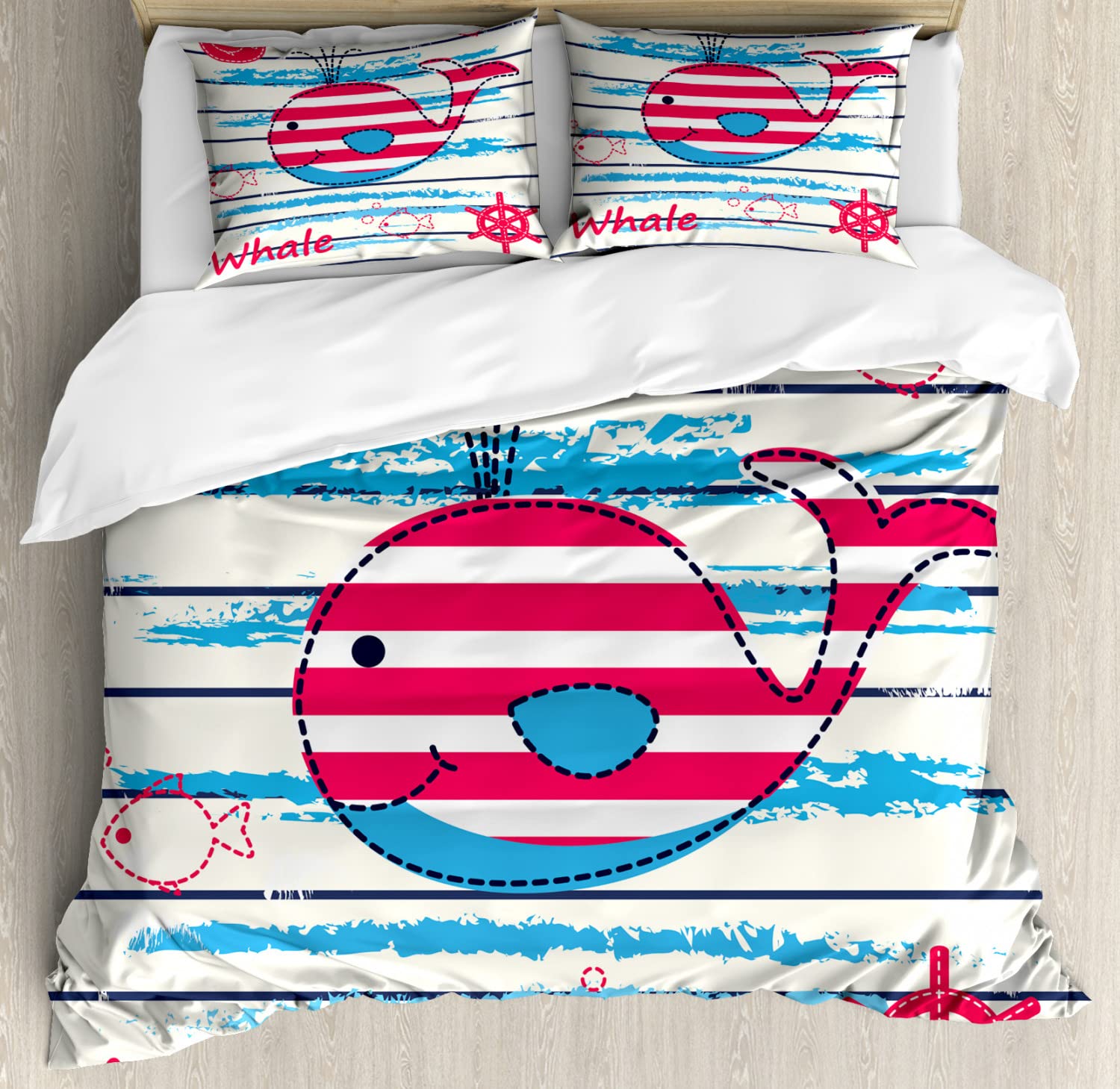 Ambesonne Cartoon Whale & Fish Duvet Cover Set - 2 Twin Size Duvet Covers & 2 Pillowcases, Sailor Marine World Print in Cream Red Blue - Perfect for Kids' Bedrooms, Beach Themed Decor & Nautical Nursery Designs