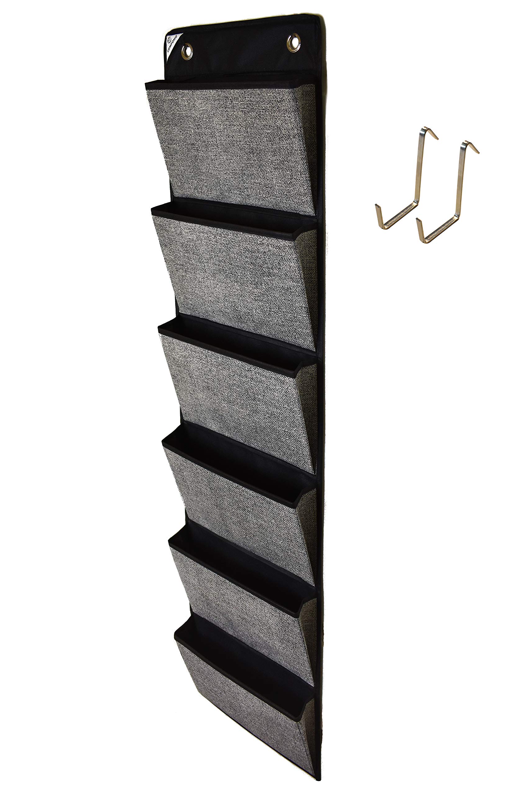 COMPONO Over The Door Organizer with 6 Pockets & 2 Hangers - Space Saving Storage Solution for Office Supplies, Home, School & Business Organization (Black & Gray) - Perfect for Closet, Dorm Room & Entryway Storage