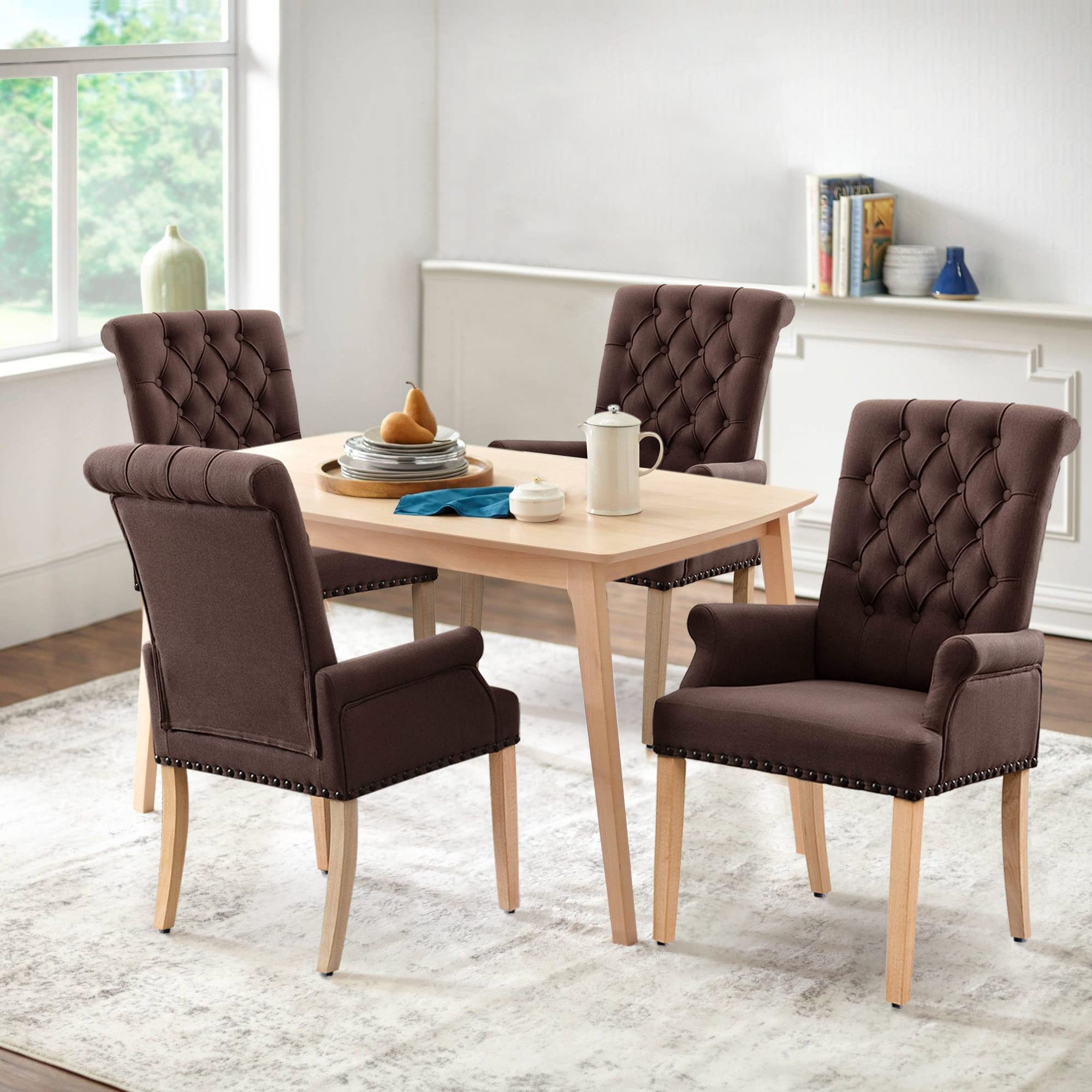 Luxury Fabric Dining Chairs - Tufted Upholstered Armrest Accent Chairs with Nailhead Trim & Solid Wood Legs for Home, Kitchen, Living Room (Brown) - Perfect for Dining Sets, Breakfast Nooks & Lounge Areas