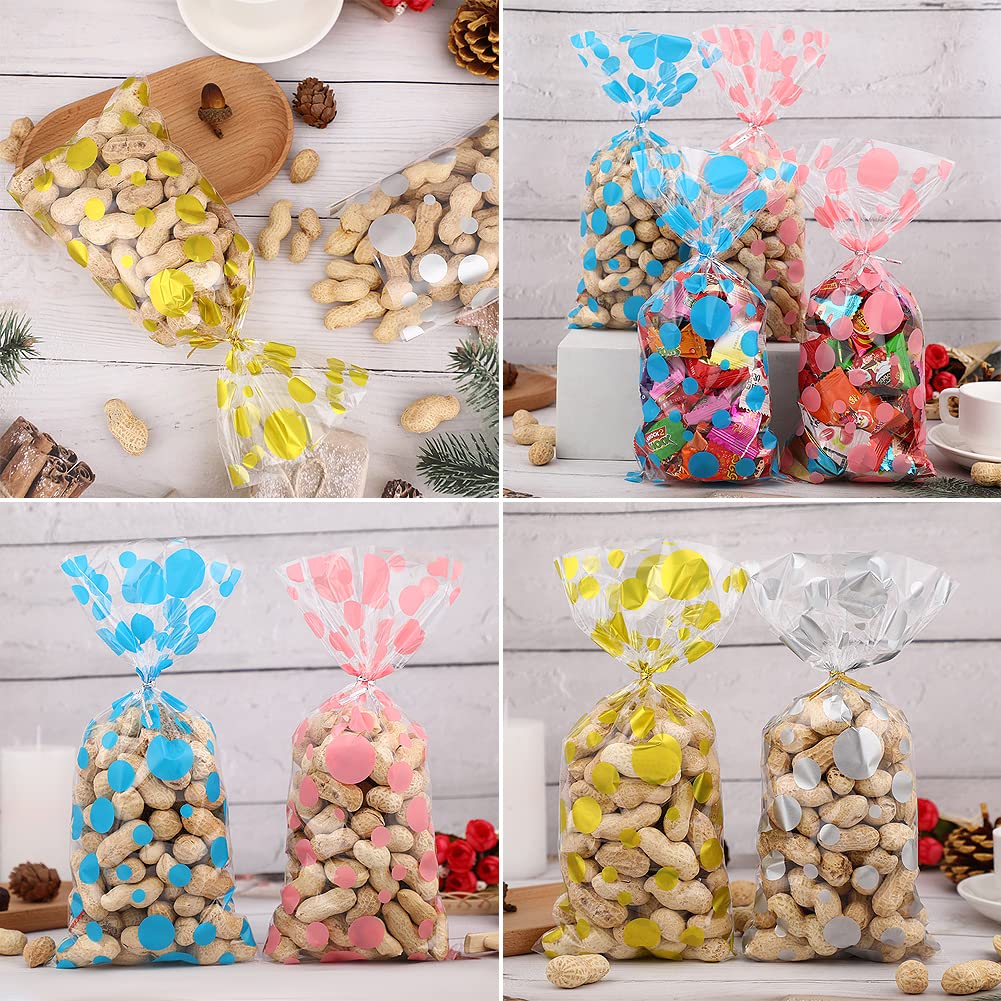Polka Dot Cellophane Bags - 100pcs Clear Plastic Treat Bags with Twist Ties for Candy, Cookies, Nuts - Christmas, Wedding, Birthday, Easter Party Favor Supplies (4 Patterns) - Perfect for Gift Wrapping, Party Favors, and Holiday Treat Packaging