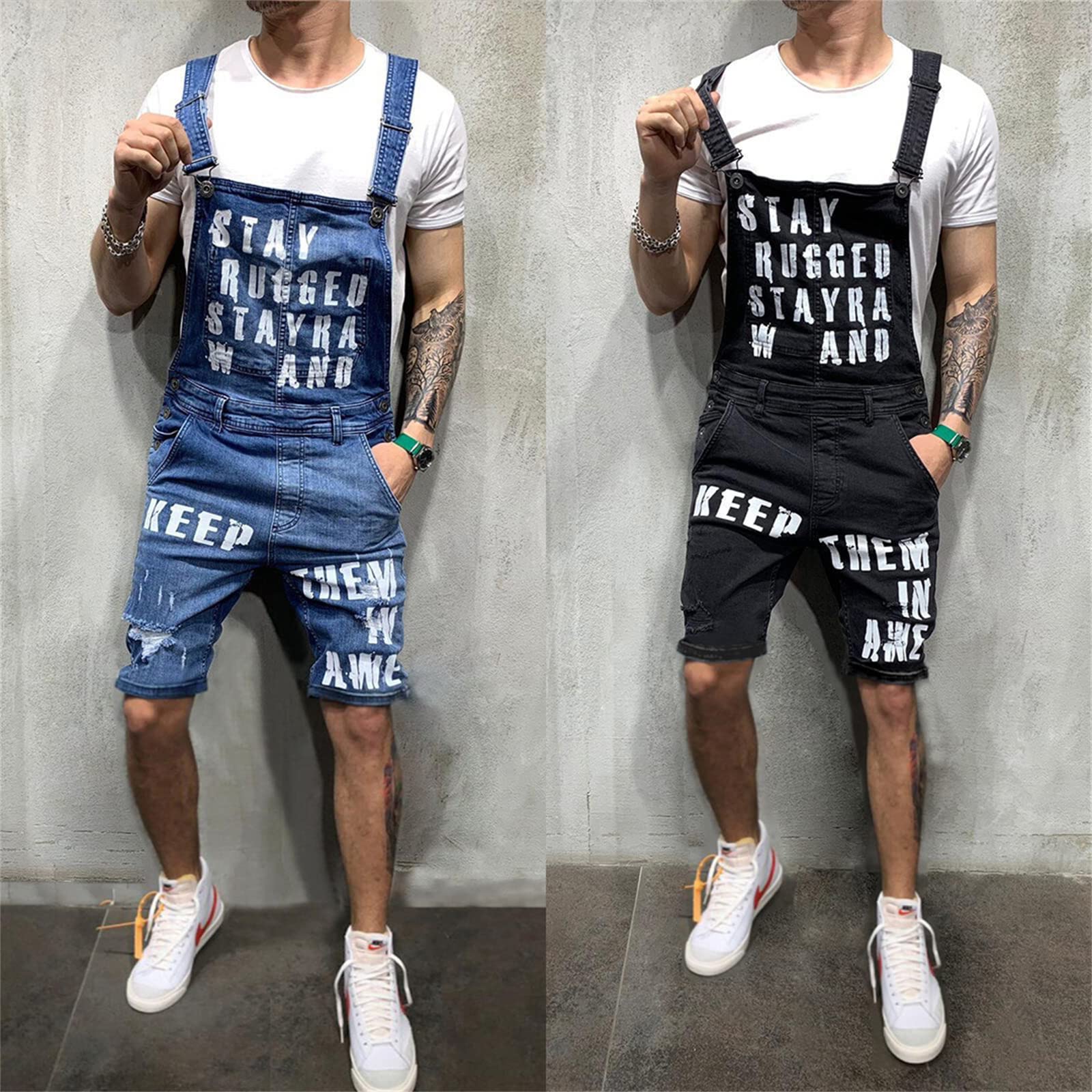 **Men's Distressed Denim Bib Overalls Shorts - Vintage Streetwear Casual Jean Romper Jumpsuit with Printed Design | Perfect for Summer Outings, Music Festivals & Urban Street Style**