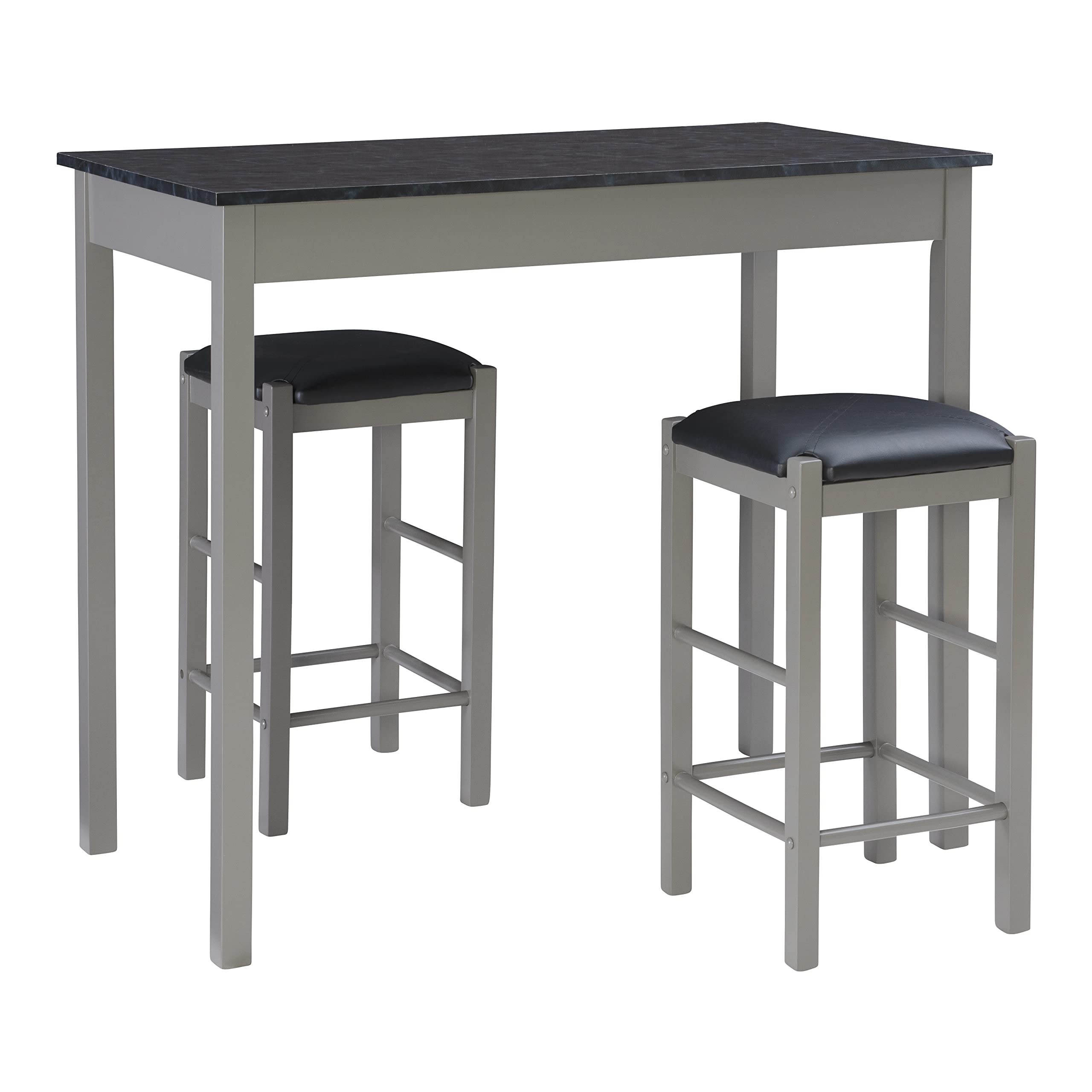 Linon Grey and Faux Marble 3-Piece Tavern Set - Bar Height Table with 2 Stools for Kitchen, Dining Room, or Pub Decor