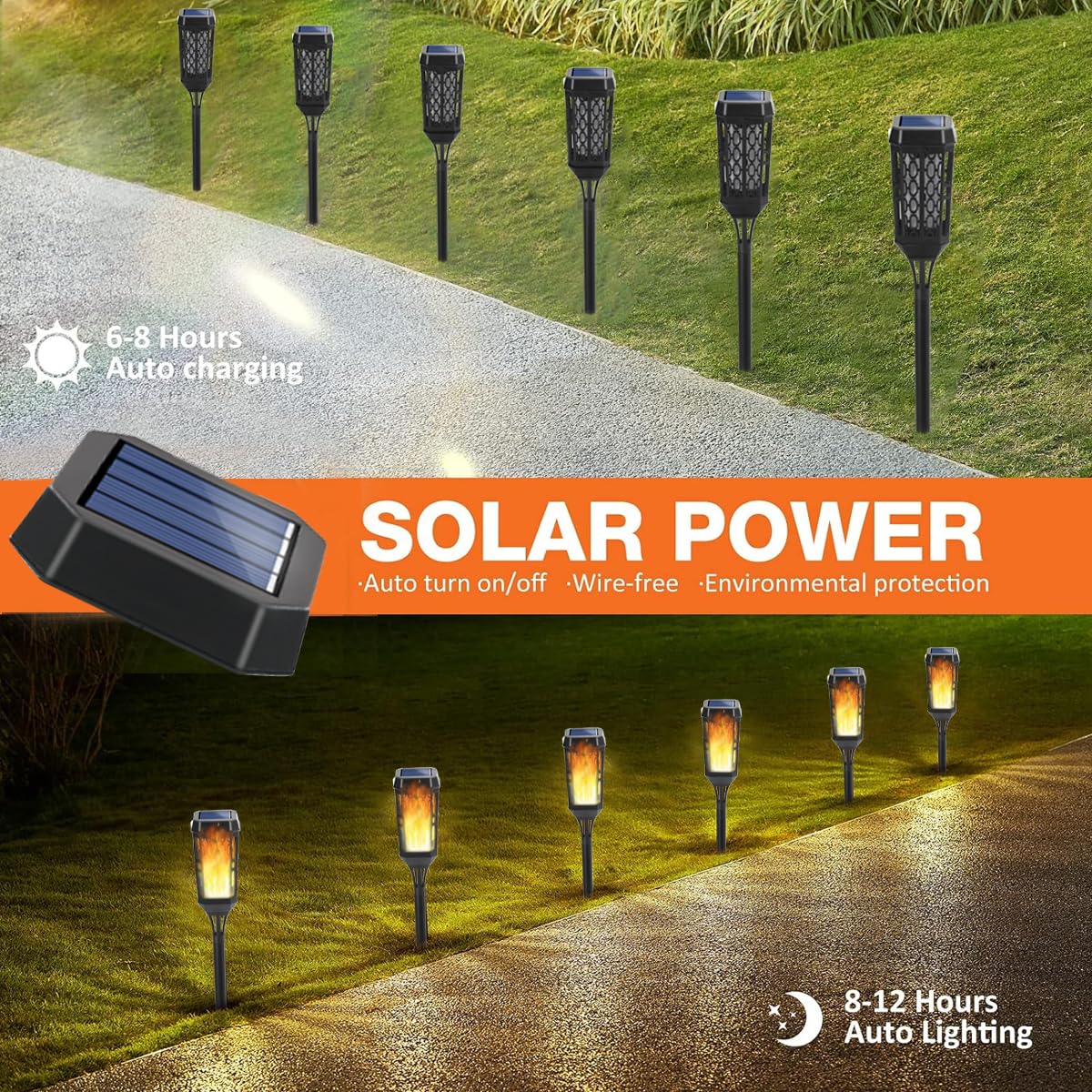 UZIMOO 4 Pack Solar Flame Lights Outdoor - Waterproof Flickering Flame Solar Pathway Lights for Garden, Yard, Lawn, Patio - Landscape Decoration Lighting - Perfect for Halloween, Christmas, and Outdoor Parties