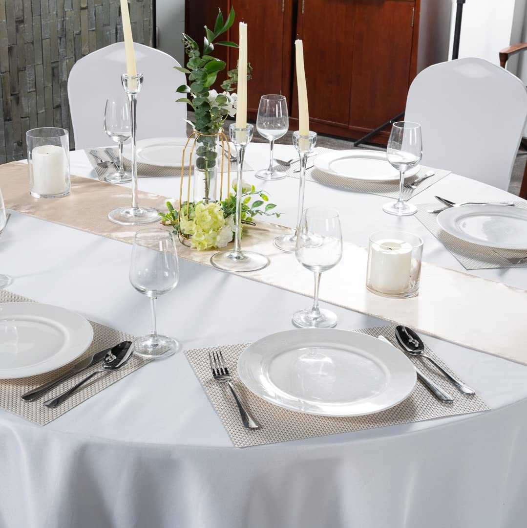 Restaurantware Table Tek 12 x 108 Inch Satin Table Runners - Set of 10 Machine Washable Decorative Sand Polyester Table Runners for Weddings, Parties, Events & Banquets - Perfect for Dining Tables, Buffets, and Reception Decorations