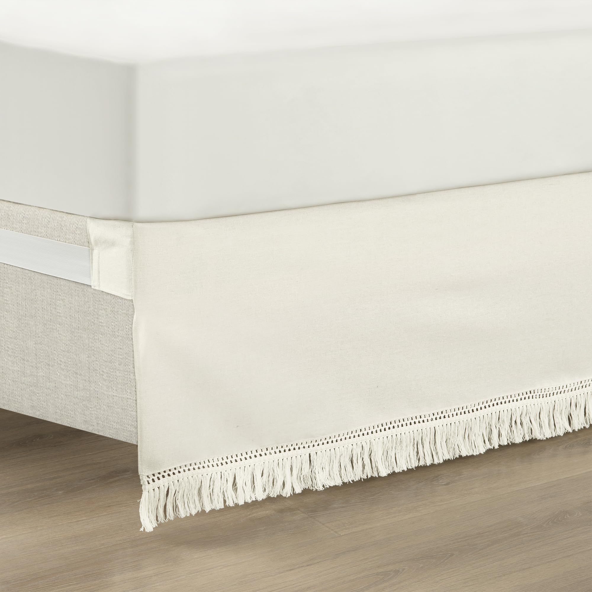 Lush Decor Boho Fringe 15-Inch Tailored Drop Bed Skirt for Queen Size Beds - Off White | Easy Fit & Stylish Bedroom Decor for Boho Chic Home Aesthetic