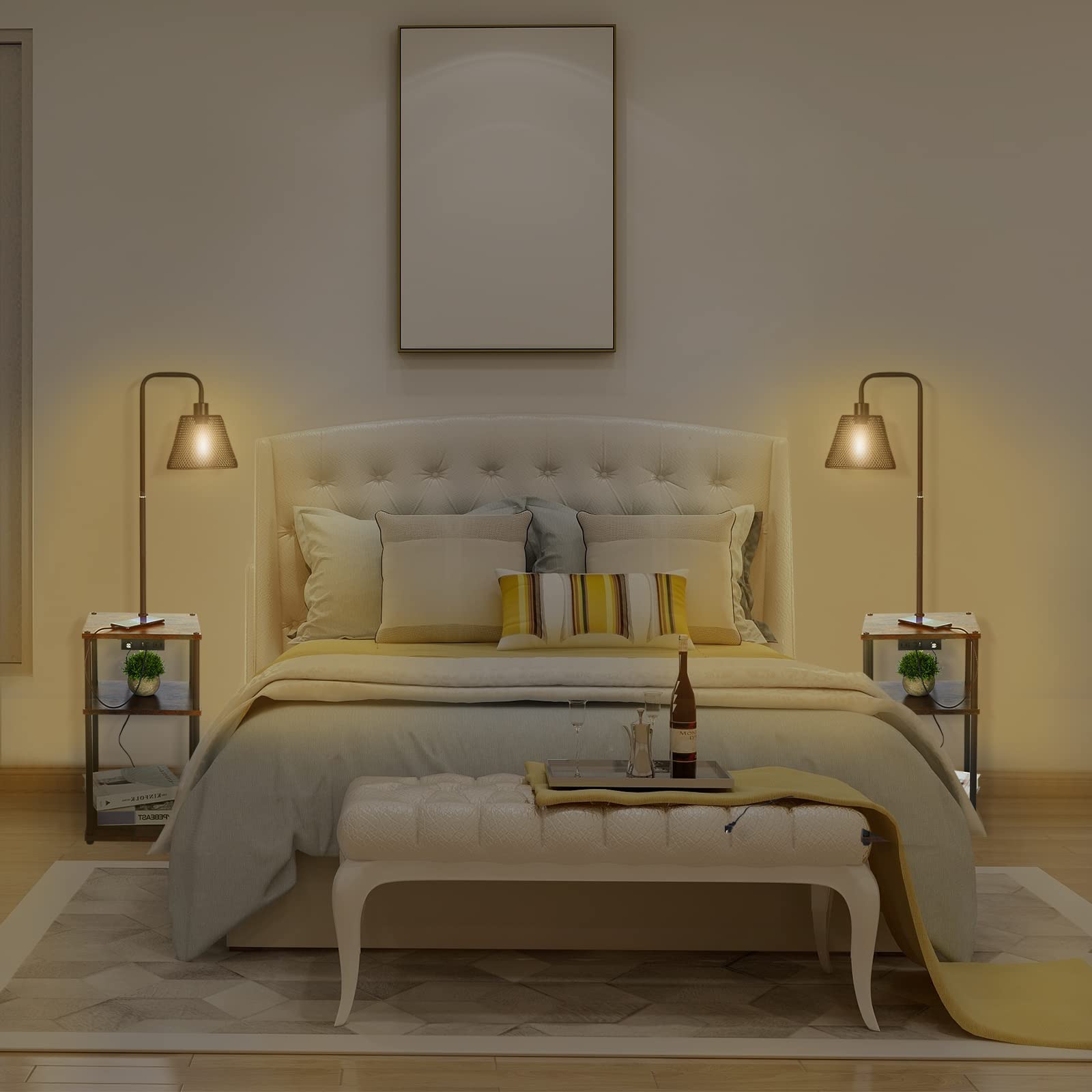 Modern Floor Lamp with Side Table - USB Charging Port & Outlet, Adjustable Bedside Nightstand End Table with Built-in Light for Living Room, Bedroom, Guest Room - Includes LED Bulbs (2 Pack) - Perfect for Reading, Working & Charging Devices