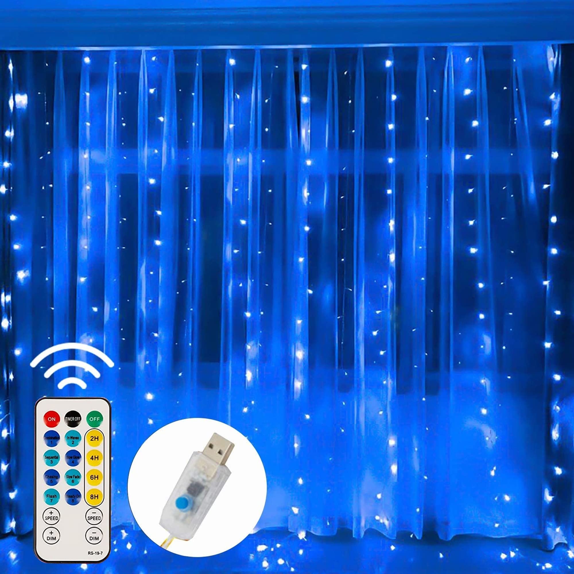 300 LED USB Powered Window Curtain String Lights - 8 Lighting Modes Waterproof Fairy Lights for Christmas, Bedroom, Party, Wedding & Home Decor | Perfect for Indoor/Outdoor Wall, Garden & Holiday Decorations (Blue)