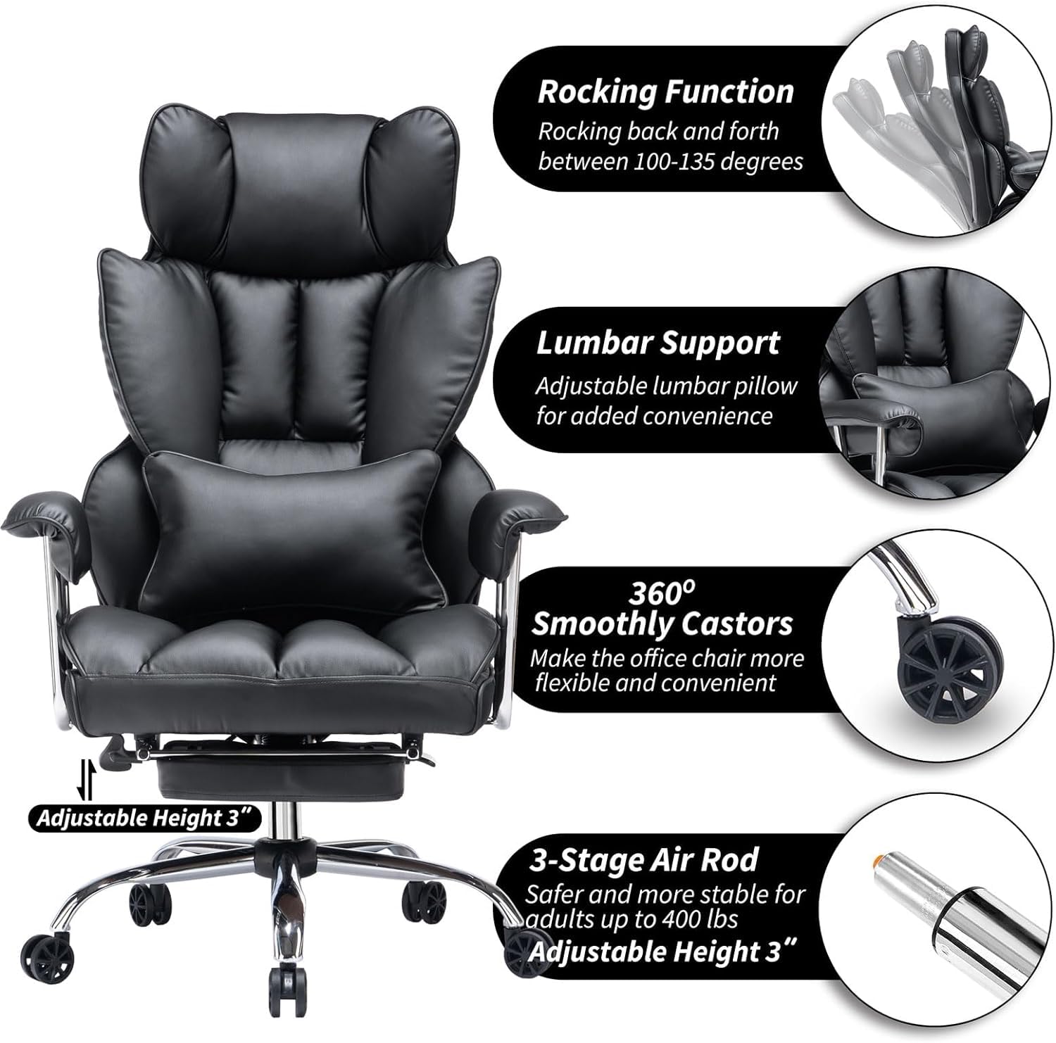 Efomao 400LBS Heavy Duty Office Chair - Big and Tall Executive PU Leather Computer Desk Chair with Adjustable Lumbar Support & Footrest - Ergonomic Black Office Chair for Home, Gaming, and Workspaces