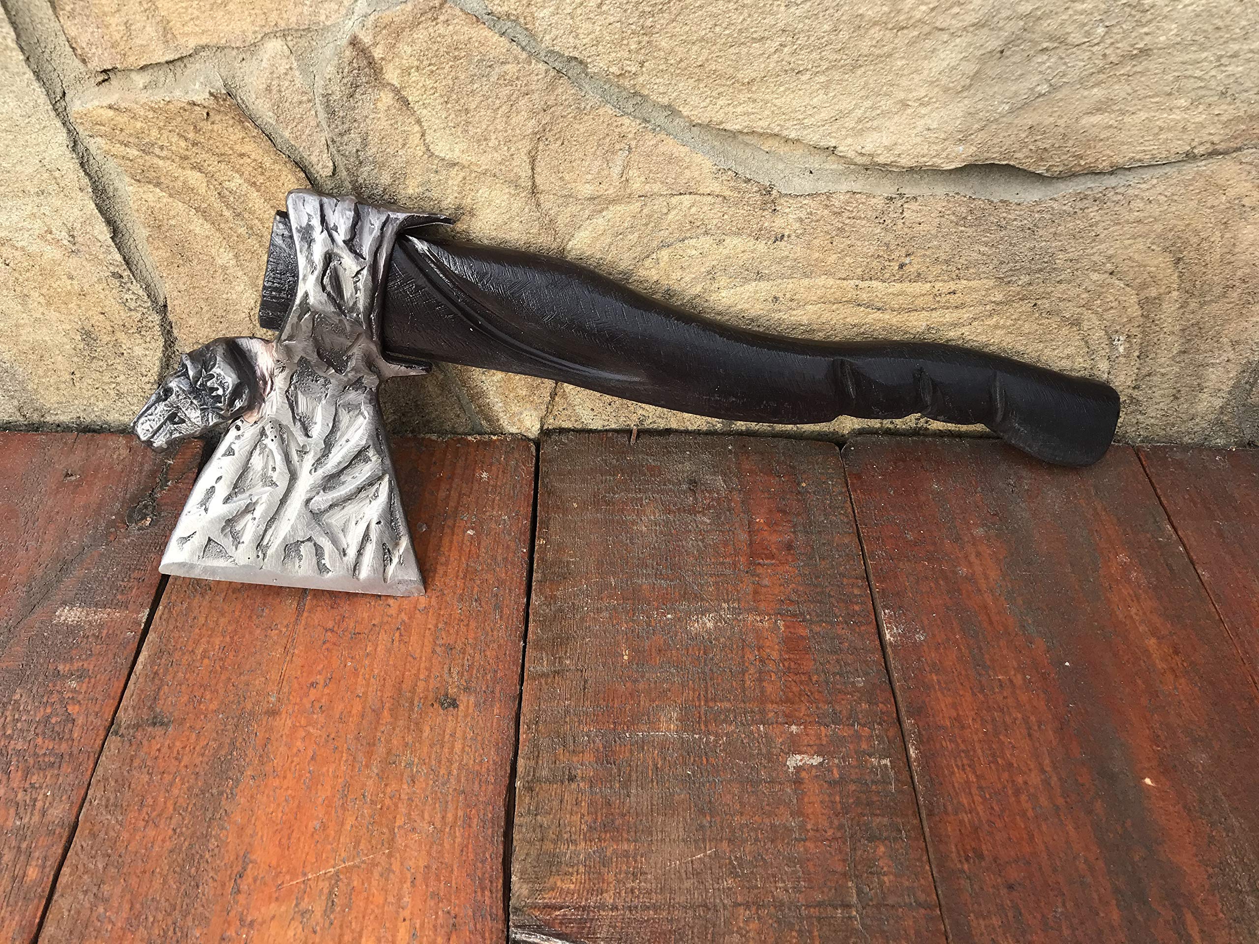 Wolf Head Axe - Handmade Viking Battle Axe with Wolf Engraving - Perfect for Cosplay, LARP, Medieval Reenactment & Outdoor Survival