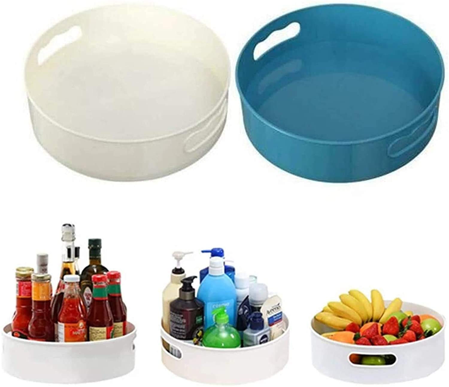 360 Degree Rotating Turntable Organizer - Multi-Function Spinning Tray for Kitchen Cabinet, Anti-Slip Food Storage & Home Organization (White & Blue) | Perfect for Pantry, Spice Rack, Makeup Vanity & Office Supplies Storage