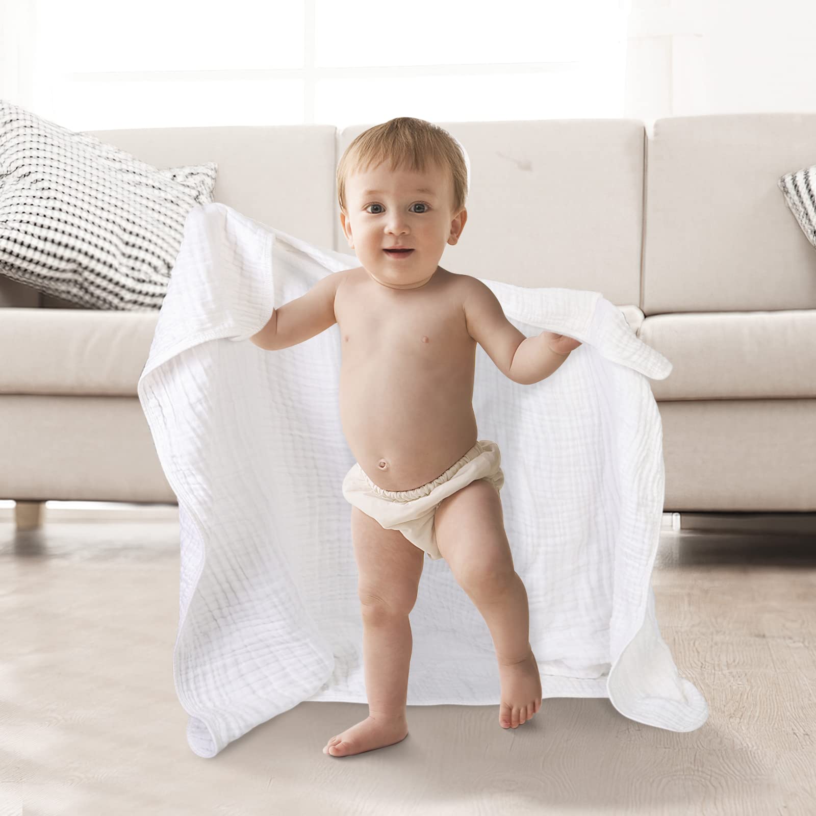 WinReal 3-Pack Muslin Baby Bath Towels - Ultra Soft, Absorbent 6-Layer Natural Cotton Infant Towels (40x40 inches) for Newborn, Toddler - White, Pink & Grey - Perfect for Bath Time, Swaddling & Nursery Essentials