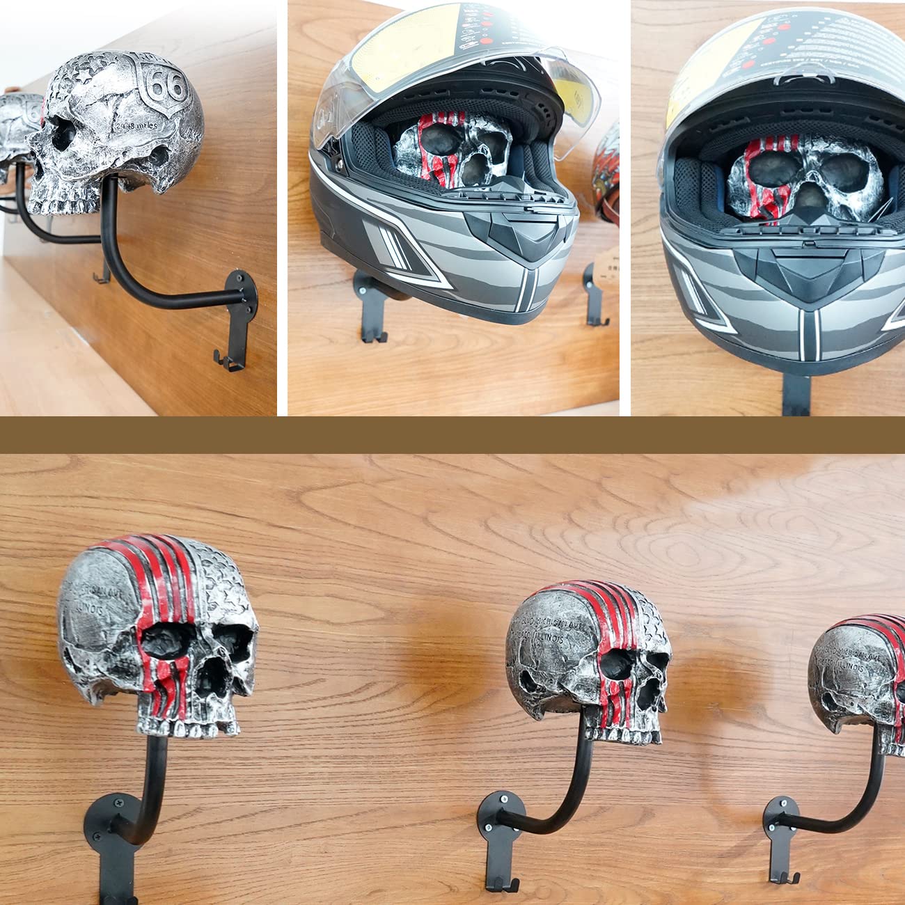 Red Skull Motorcycle Helmet Wall Mount Rack with 2 Hooks - Heavy Duty Helmet Holder for Motorcycle, Baseball, Rugby Helmets & Coat Hanger - Perfect for Garage, Bedroom or Entryway Organization