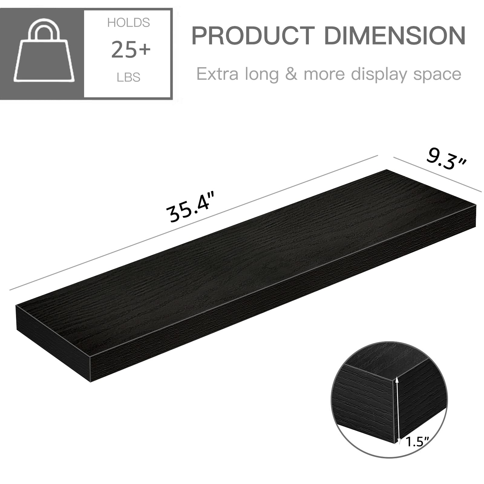 QEEIG 36 Inch Floating Bathroom Shelves Set of 2 - Black Wall Mounted Storage Shelf (36x9 Inch) for Towels, Toiletries & Decor - Perfect for Modern Bathrooms & Small Spaces