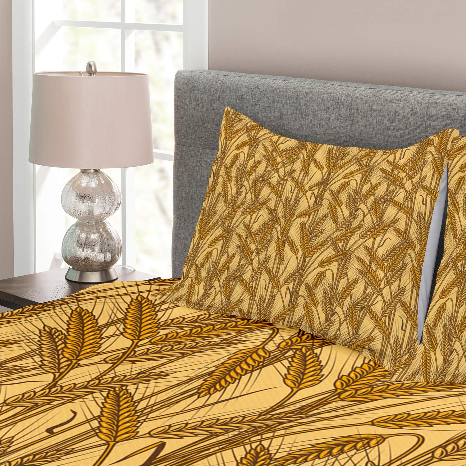 Ambesonne Harvest King Size Bedspread Set - 3 Piece Farmhouse Bedding with 2 Pillow Shams, Wheat & Rye Field Pattern in Mustard Yellow | Country Farm Decor for Bedroom, Guest Room & Cozy Farmhouse Style