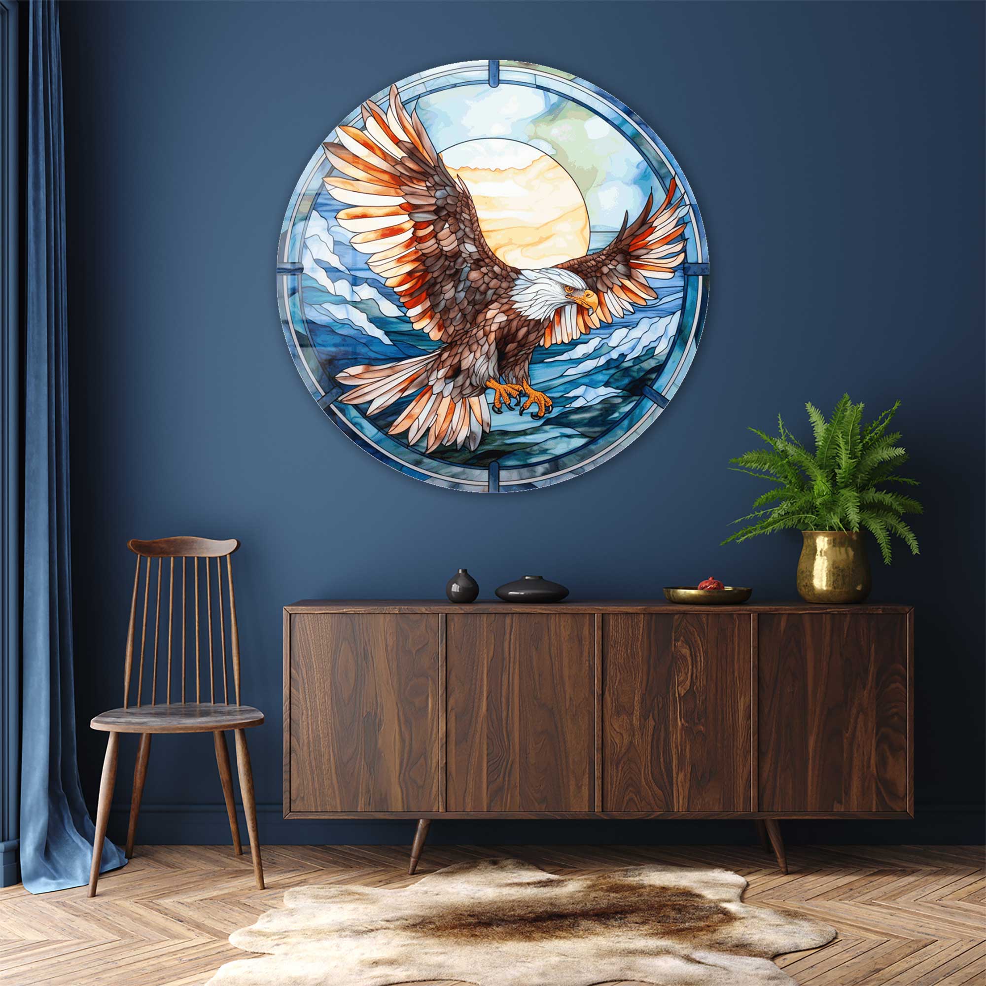 Stained Eagle Rounded Glass Wall Art - Handcrafted Decorative Glass Panel for Home & Office Decor - Perfect for Living Room, Bedroom, or Entryway