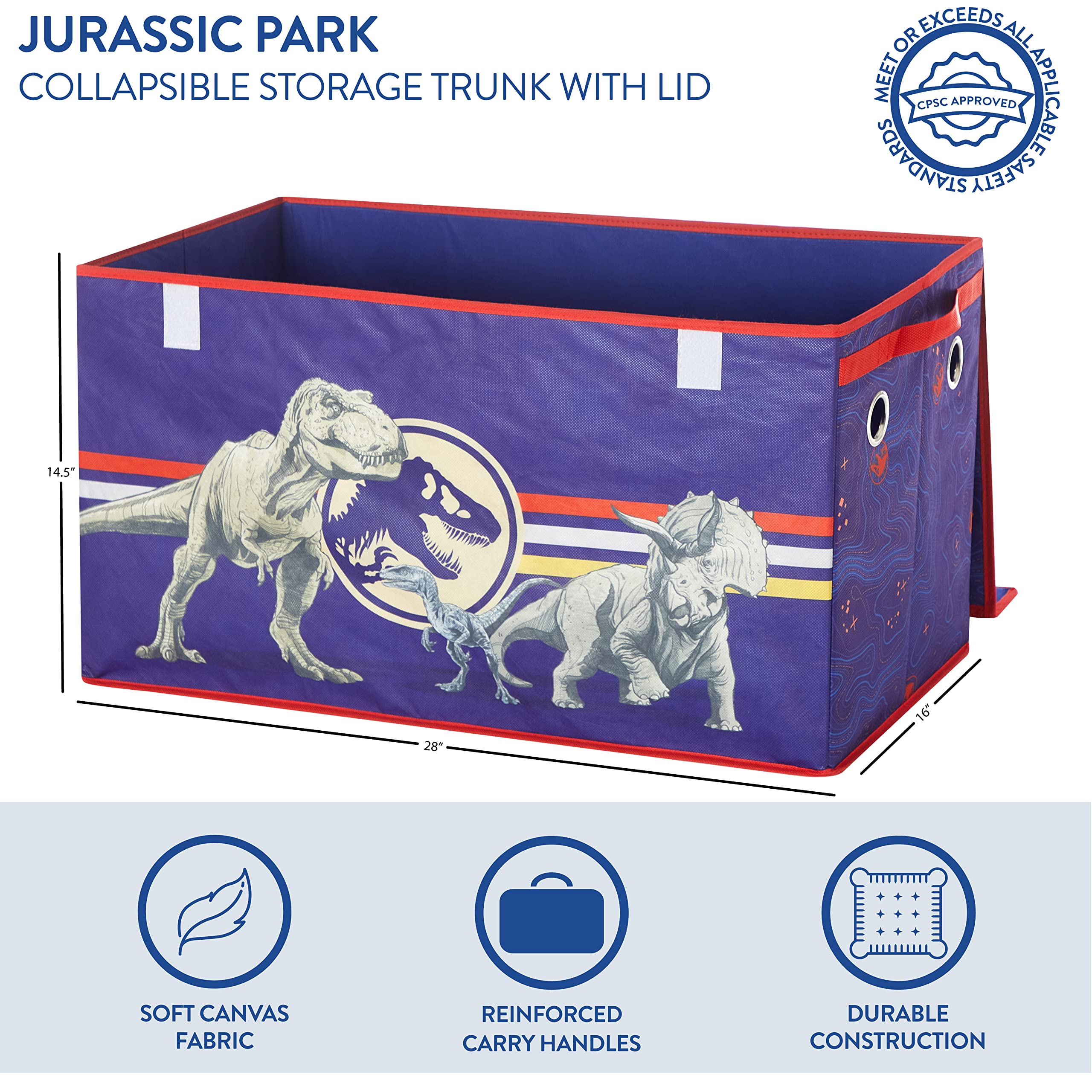 Jurassic World Dinosaur Collapsible Toy Storage Trunk for Kids - Durable Soft-Lid Organizer Bin 28.5x14.5x16 Inches - Perfect for Bedroom, Playroom & Toy Organization