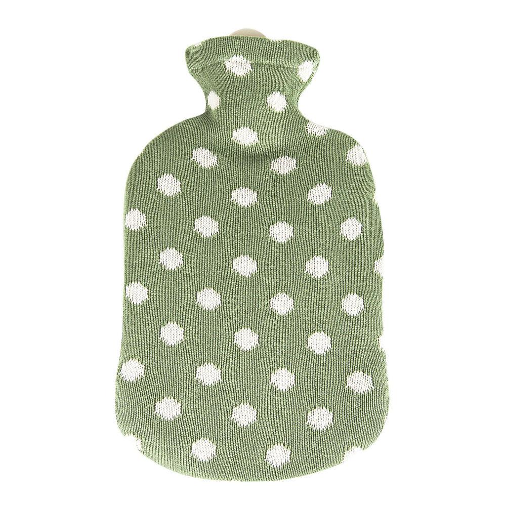 2 Liter Sanger Hot Water Bottle with Knitted Green Polka Dot Cotton Cover - Warm & Cozy for Winter Nights, Period Pain Relief, Bed Warmers, Cold Weather Comfort