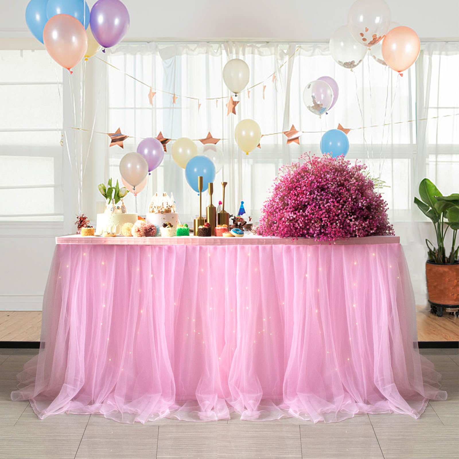 Albassa Pink Tulle Table Skirt with LED Lights - 9ft Long x 30in High Tutu Table Cover for Rectangle or Round Tables | Perfect for Baby Showers, Birthday Parties, Wedding Receptions & Cake Table Decorations