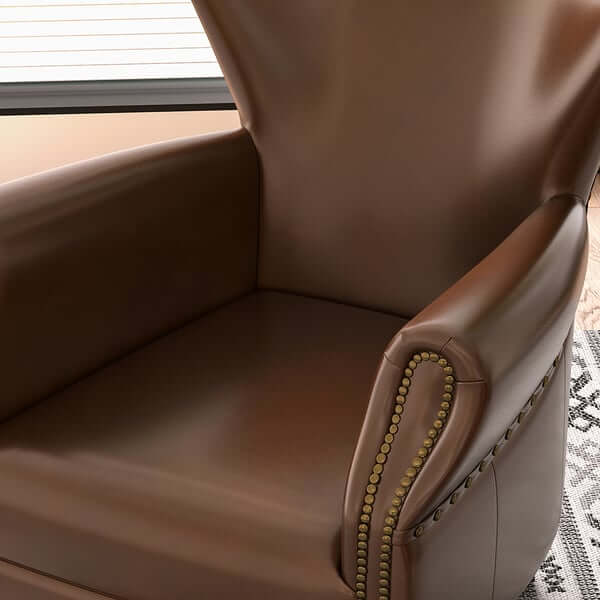 Midcentury Modern Brown Leather Accent Chair - Solid Wood Frame, Comfortable Upholstered Lounge Chair for Living Room, Bedroom, or Office Decor