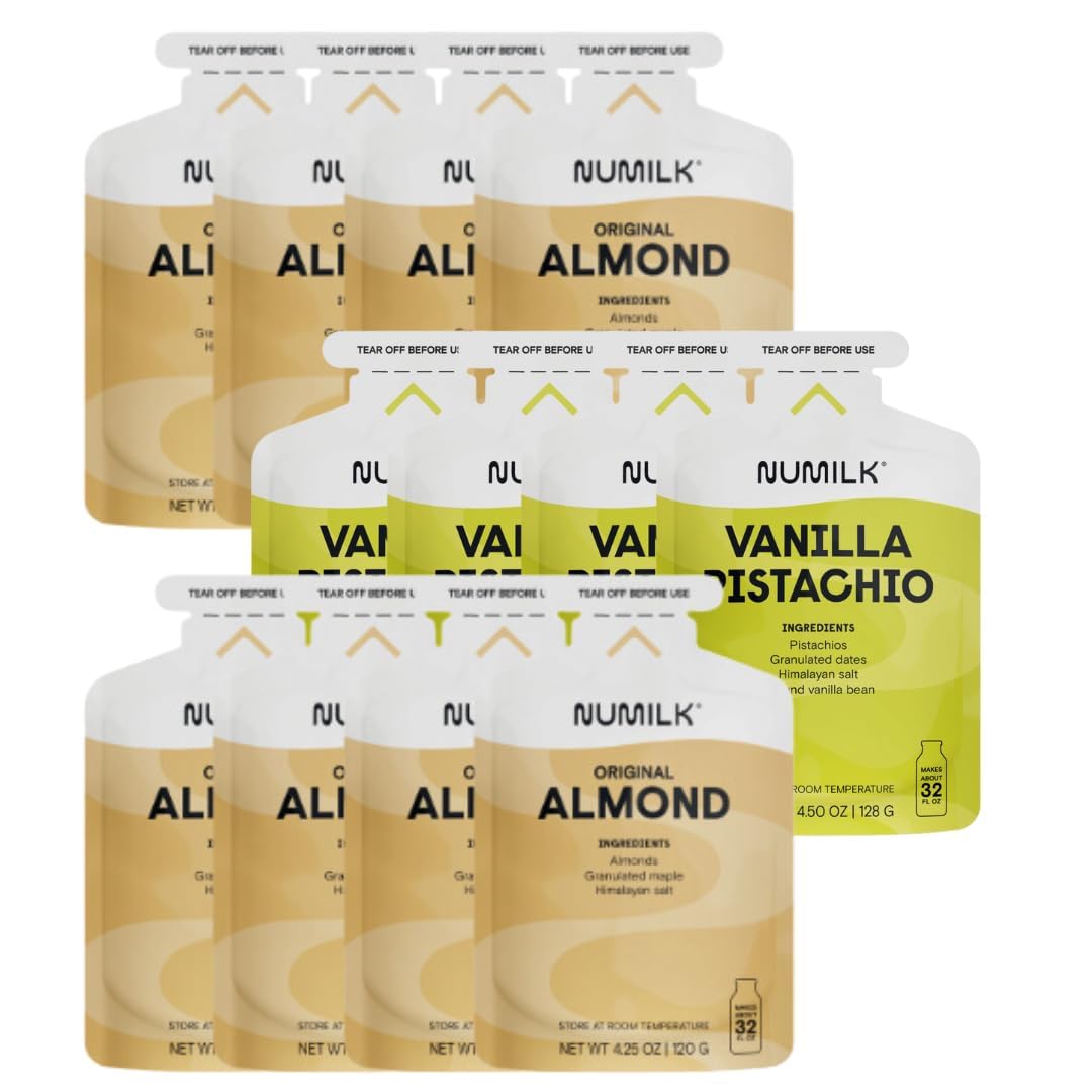 Numilk Pouches Variety 12-Pack (8 Original Almond & 4 Vanilla Pistachio) - Instant Creamy Plant-Based Milk - Works with Numilk Nut Milk Maker - Makes 32oz per Pouch - Perfect for Smoothies, Coffee & Healthy Breakfasts