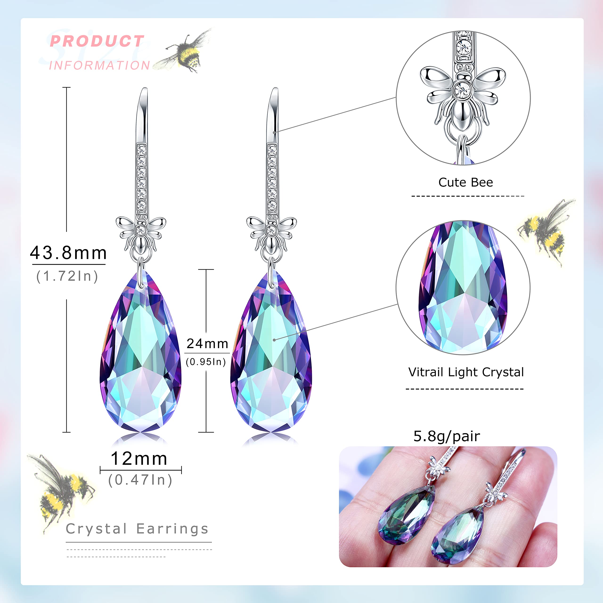 925 Sterling Silver Crystal Teardrop Dangle Earrings for Women | Baroque Bee Drop Hook Earrings | Gift for Her, Wedding, Party & Evening Wear