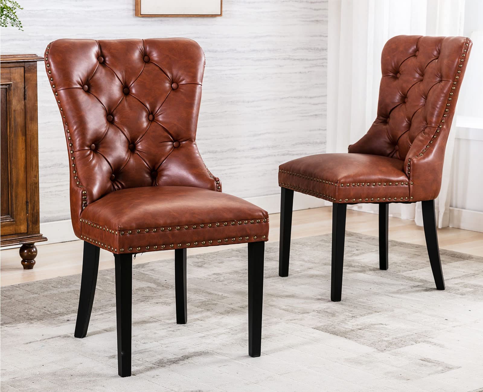 Premium PU Leather Dining Chairs Set of 2 - Modern Tufted Armless Side Chairs with Rubber Wood Frame, Vintage Upholstered Kitchen & Cafe Furniture (Brown) - Perfect for Home Dining Rooms, Restaurants and Coffee Shops