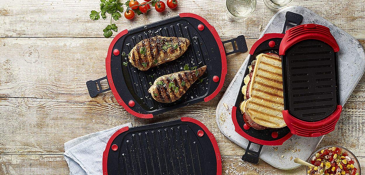 Lekue XL Microwave Grill and Sandwich Maker - Red Panini Press for Quick & Easy Meals - Perfect for Breakfast, Lunch, and Snacks at Home or Office