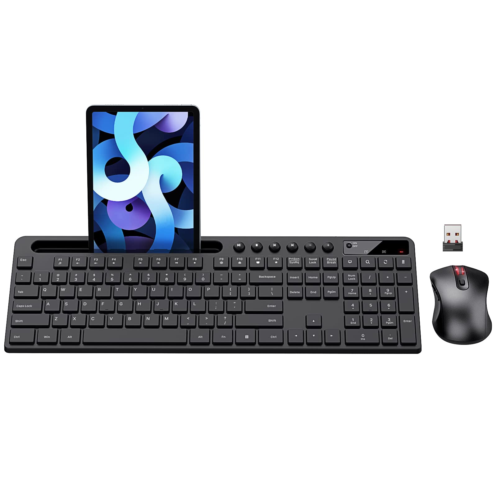 MARVO 2.4G Wireless Keyboard and Mouse Combo - Ergonomic Design with Silent Mouse & Phone/Tablet Holder - Compatible with MacBook & Windows PC (Black) - Perfect for Home Office, Gaming & Remote Work