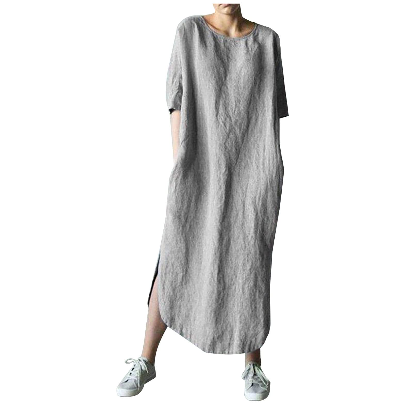 Women's Cotton Linen Summer Dress - 3/4 Sleeve Round Neck Shirt Dress with Pockets | Casual Solid Color Maxi Dress with Side Slit | Perfect for Beach, Vacation & Everyday Wear