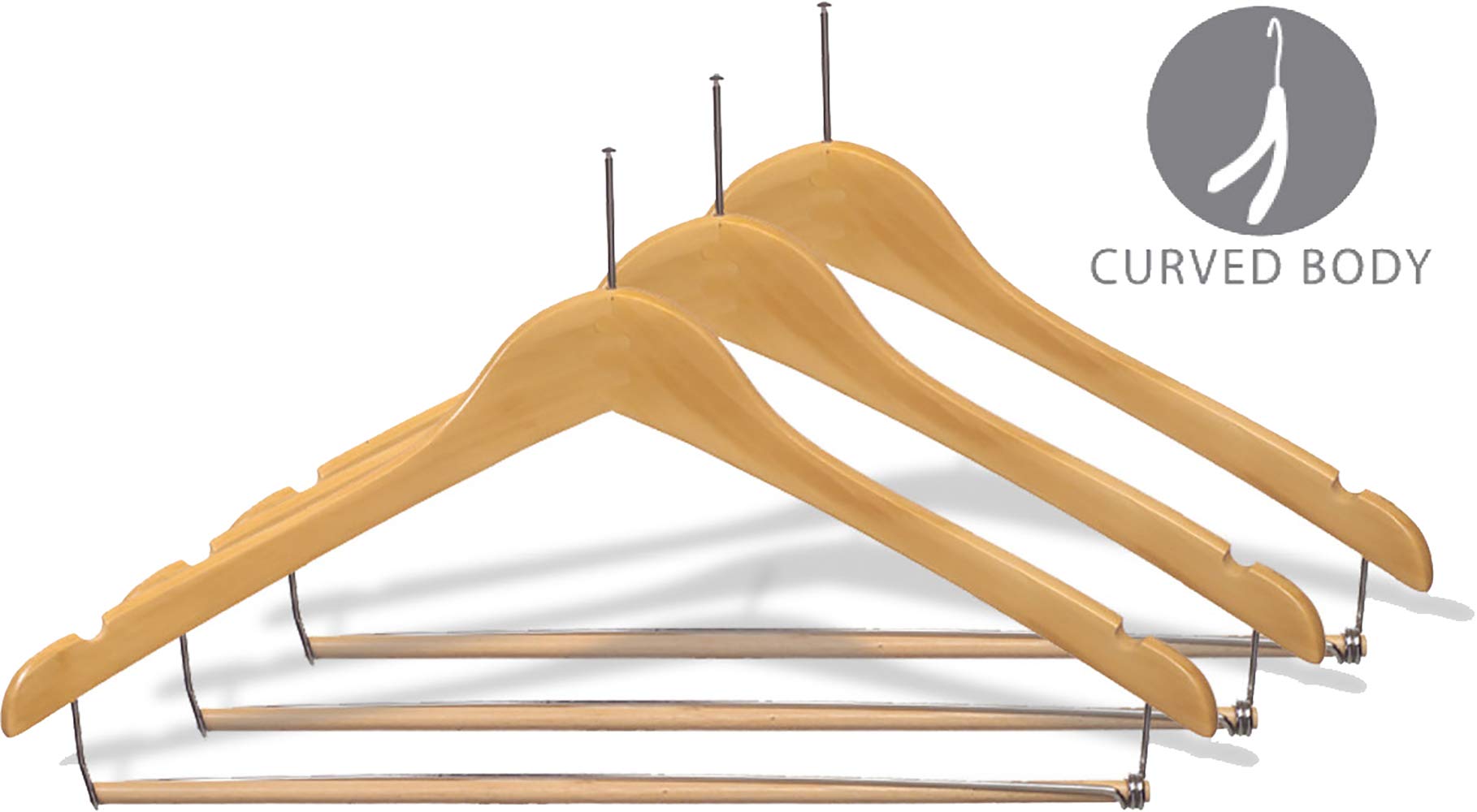 17 Inch Curved Wooden Suit Hangers with Locking Bar & Anti-Theft P-Nail Hook - Natural Finish, Notched Design (Box of 50) by The Great American Hanger Company - Perfect for Dry Cleaning, Retail Stores & Home Closet Organization