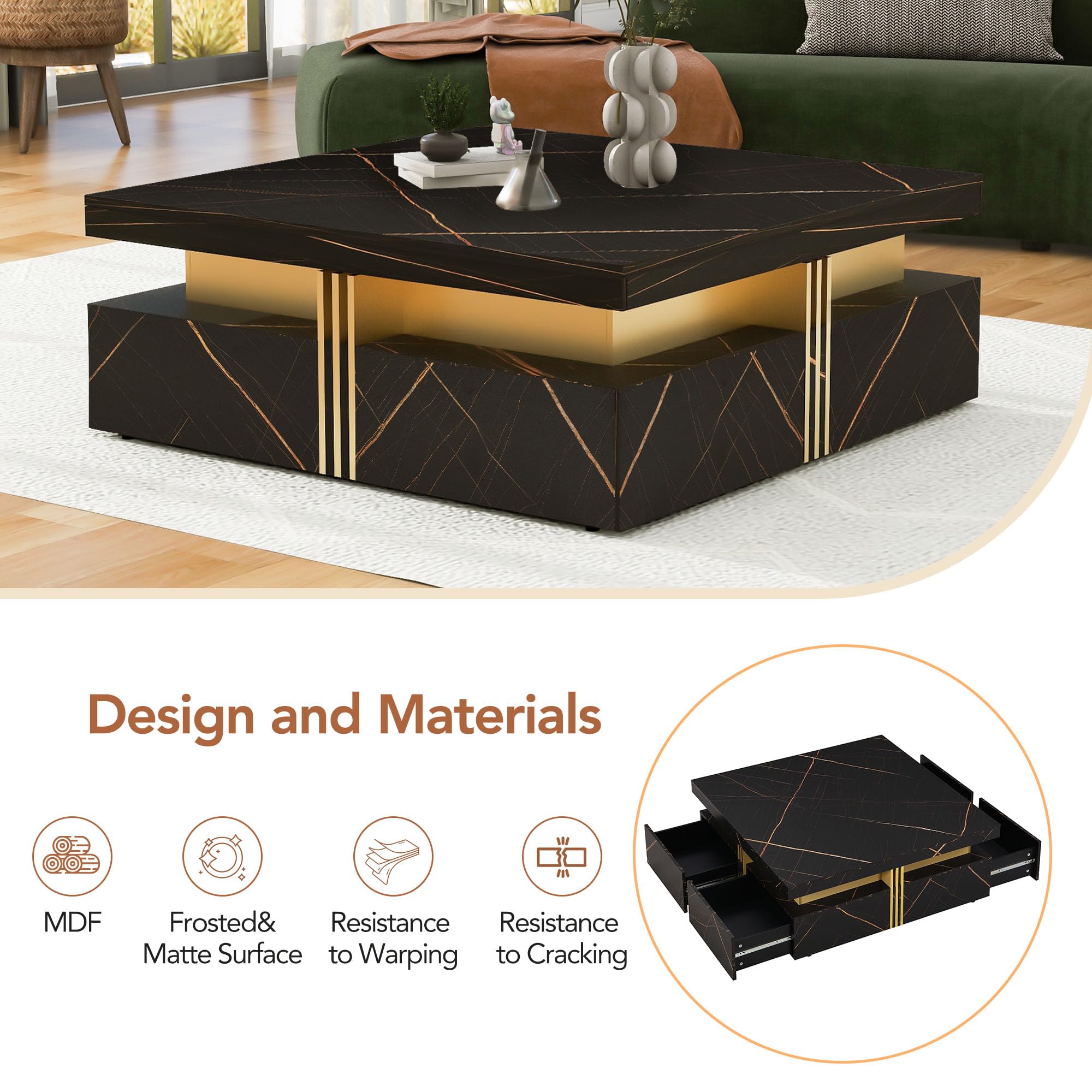 Modern Black & Gold Square Coffee Table with 4 Storage Drawers - Large Wooden Living Room Center Table with Hidden Storage - Perfect for Small Spaces, Apartments & Cozy Home Decor