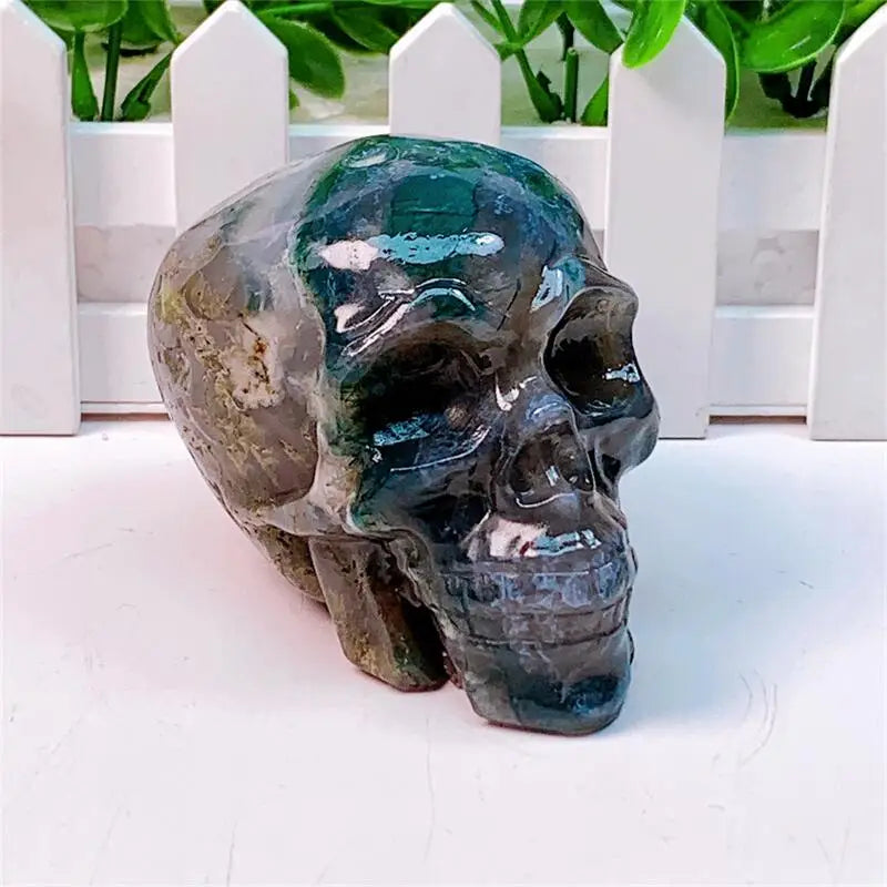 Natural Moss Agate Skull Crystal Carving - Healing Energy Stone for Home Decor, Meditation & Spiritual Gifts | Halloween Decor, Witchcraft Supplies & Reiki Healing Tool (1PC)