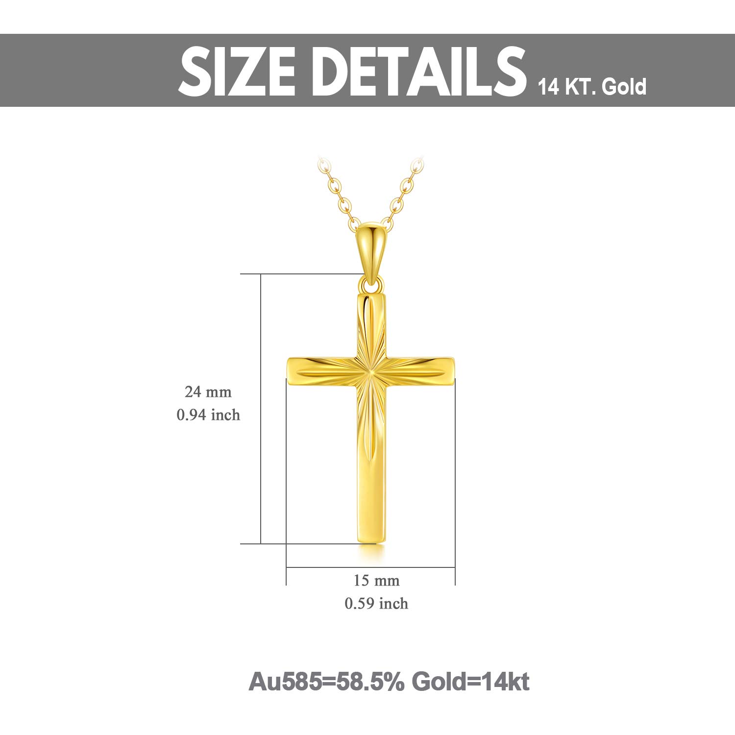 14K Solid Gold Cross Necklace for Women - Delicate Italian Diamond-Cut Religious Pendant Jewelry, 16