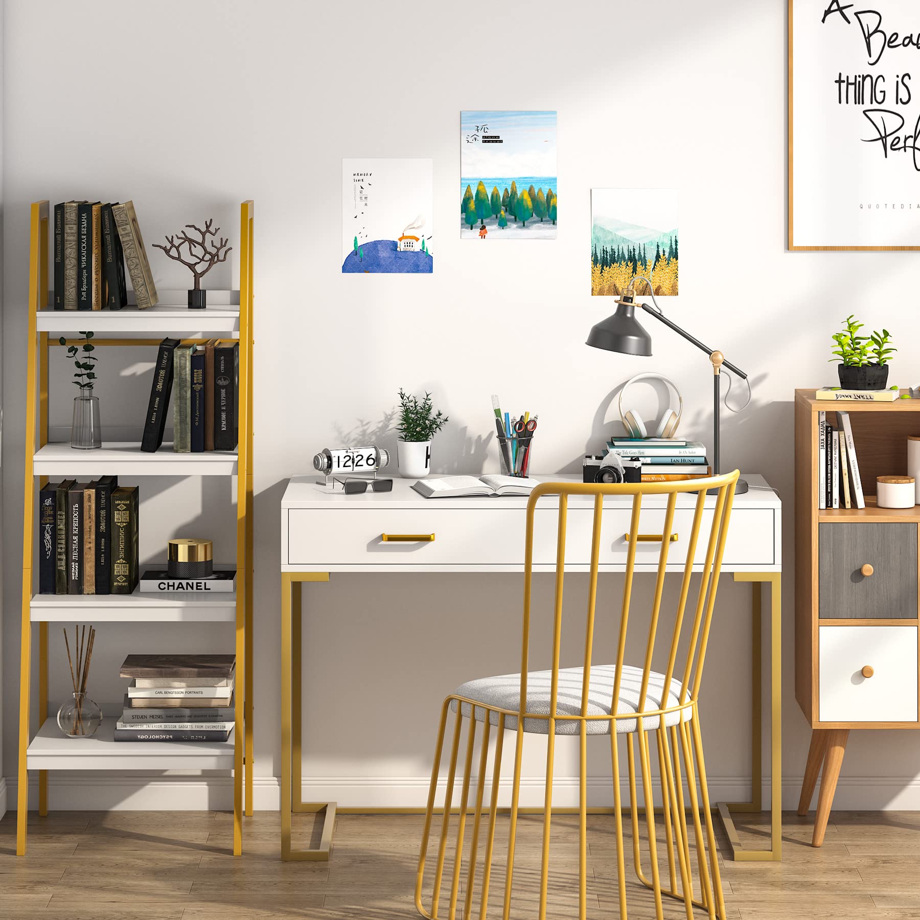 Tribesigns Modern White and Gold Computer Desk with 2 Drawers - Wood Top & Metal Frame, Home Office Writing Desk for Small Spaces, Bedroom or Study - Perfect for Remote Work, Online Classes & Gaming Setup