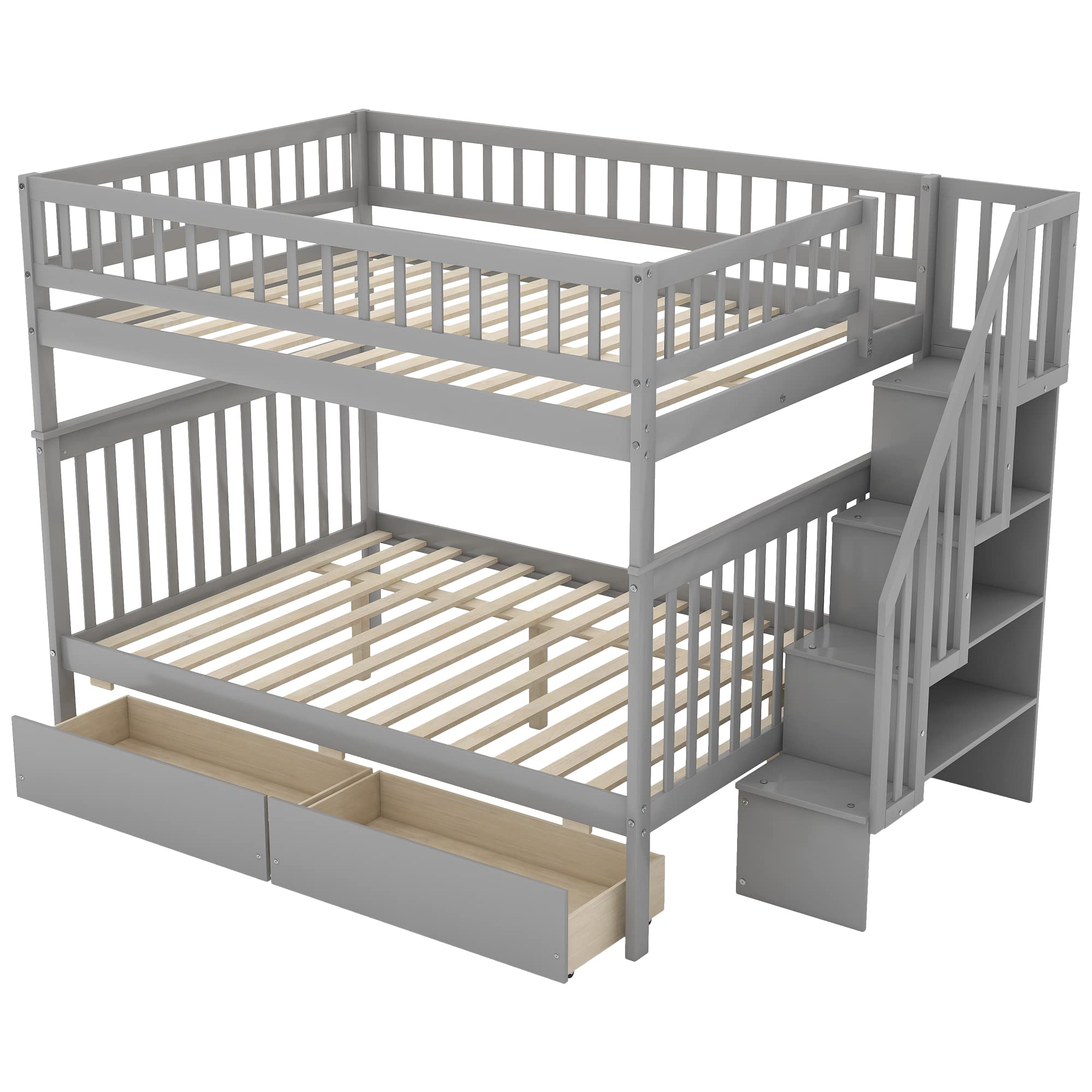 Harper & Bright Designs Full Over Full Bunk Bed with Stairs & Storage Drawers - Convertible Wooden Bunk Bed for Kids, Teens & Adults - Space-Saving Gray Bedroom Furniture for Small Rooms, Guest Rooms & Vacation Homes