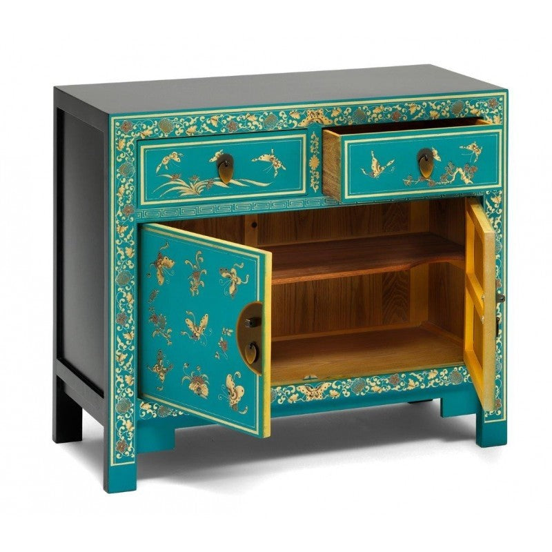 Golden Dragon Oriental Painted Solid Wood Blue and Gold Sideboard Buffet Cabinet - 90x40x80cm - Traditional Chinese Style Storage for Dining Room, Living Room & Entryway