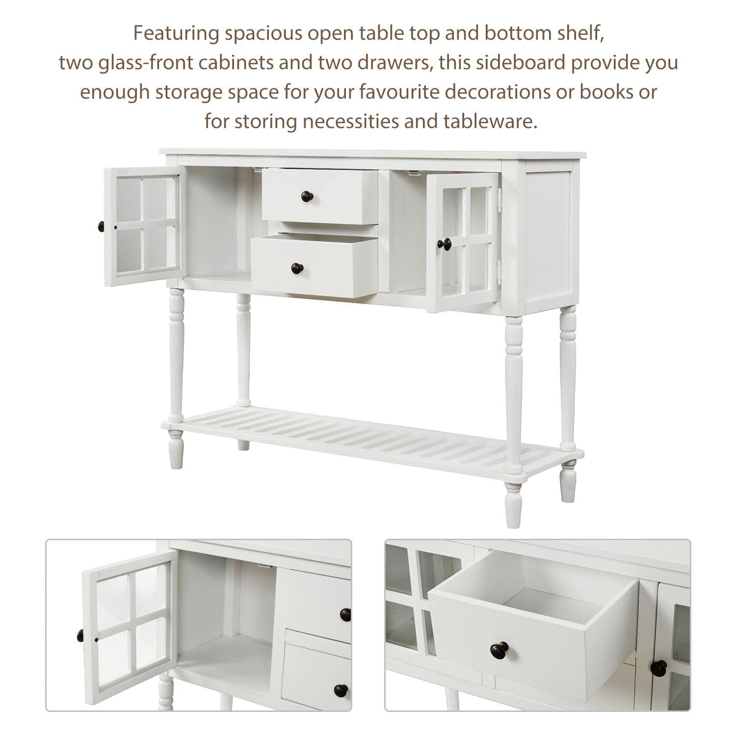 JINS&VICO Modern Sideboard Console Table with 2 Drawers & Bottom Shelf - Wood & Glass Storage Cabinet for Living Room, Entryway, or Dining Room - White