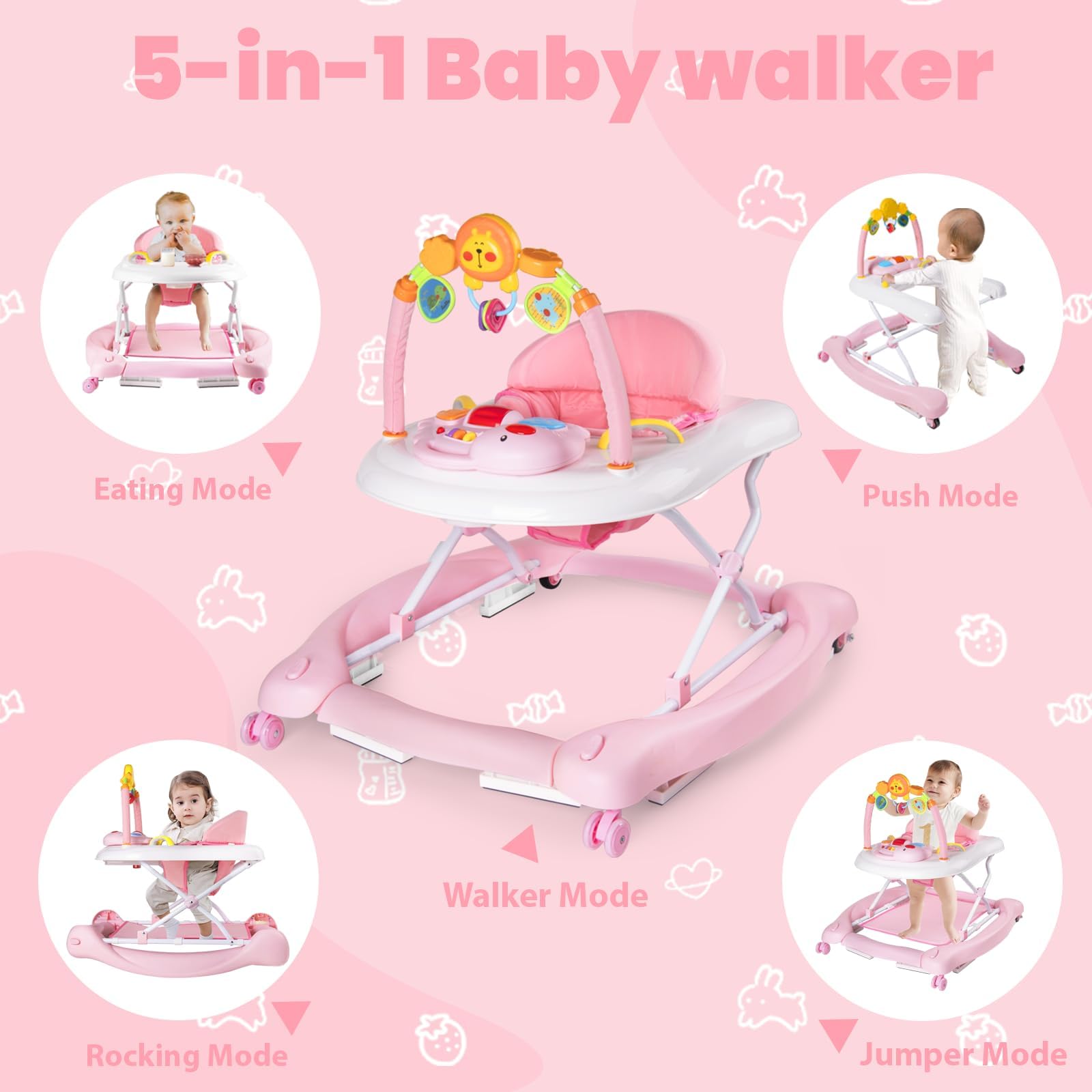 5-in-1 Baby Walker for Boys & Girls 6-12 Months | Foldable Activity Walker with Adjustable Height, Removable Footrest & Feeding Tray | Infant Walker with Bouncer & Music | Perfect for Learning to Walk & Playtime at Home