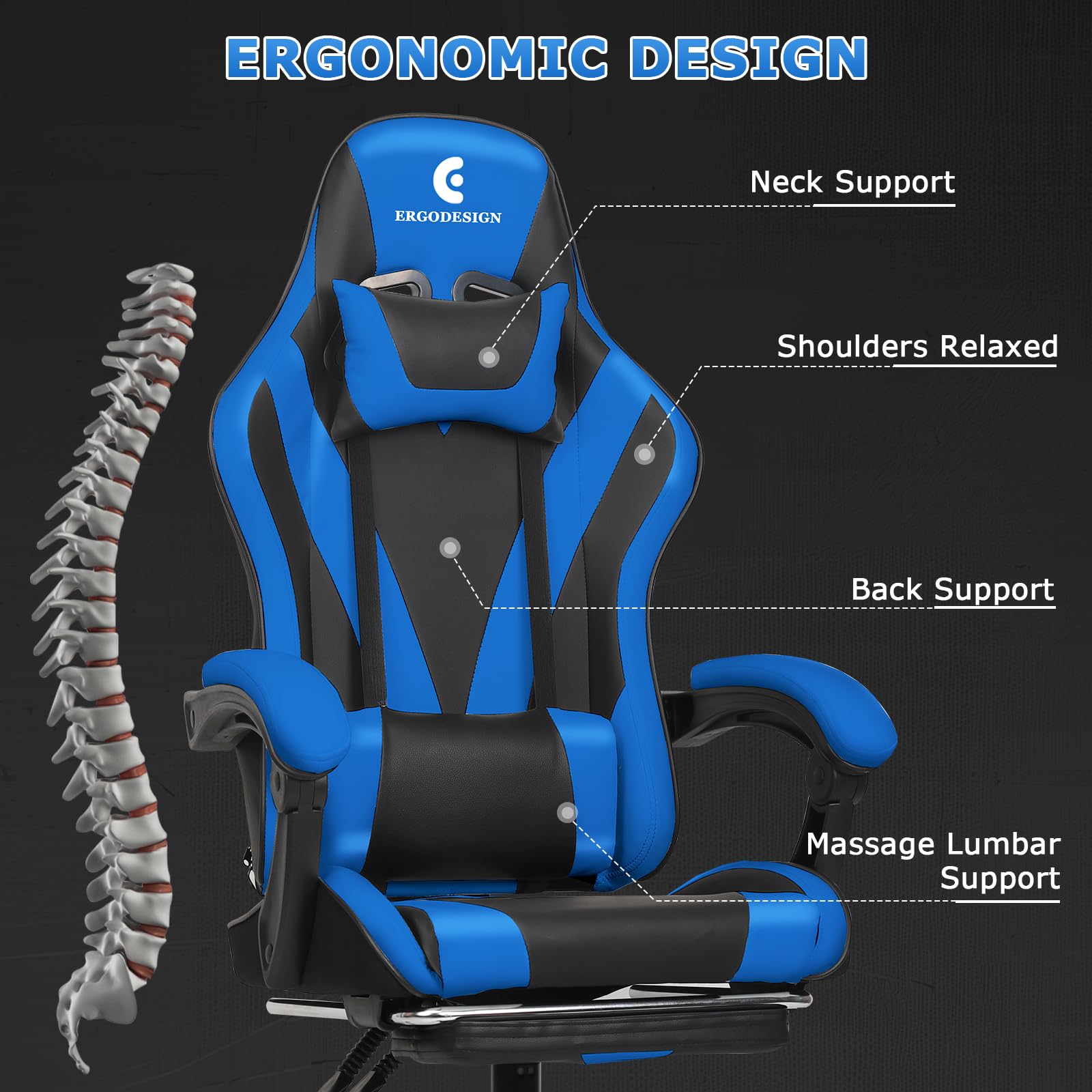 Premium Gaming Chair with Adjustable Linkage Armrest & Footrest - Ergonomic High Back Video Game Chair for PC & Console Gamers - Black & Blue - Perfect for Esports, Streaming & Long Gaming Sessions
