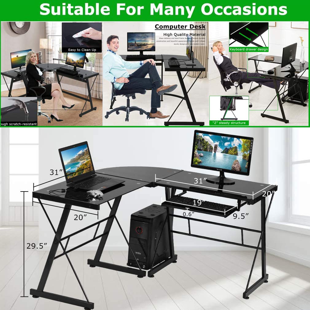 XXFBag Black L-Shaped Glass Computer Desk with Keyboard Tray & CPU Stand - 3-Piece Office Gaming Corner Workstation for Home, Study, Writing & PC Setup | Perfect for Small Spaces & Multi-Tasking